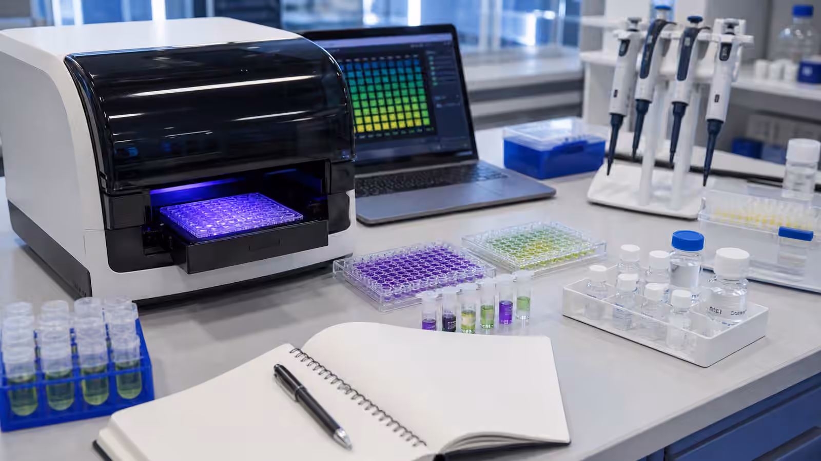 A synthetic biology measurement bench with paired control samples, a microplate reader, calibration vials, and pipettes