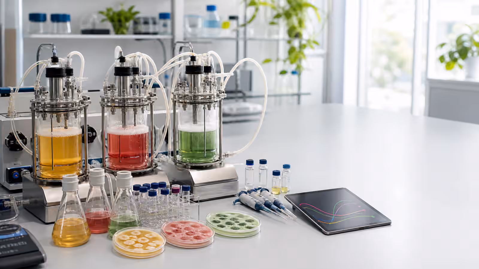 Sealed co-culture vessels on a clean synthetic biology bench with different microbial cultures and sample vials.
