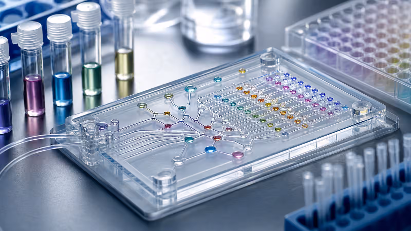 A synthetic biology bench with a transparent microfluidic chip, colored droplets, sample tubes, and a microplate.