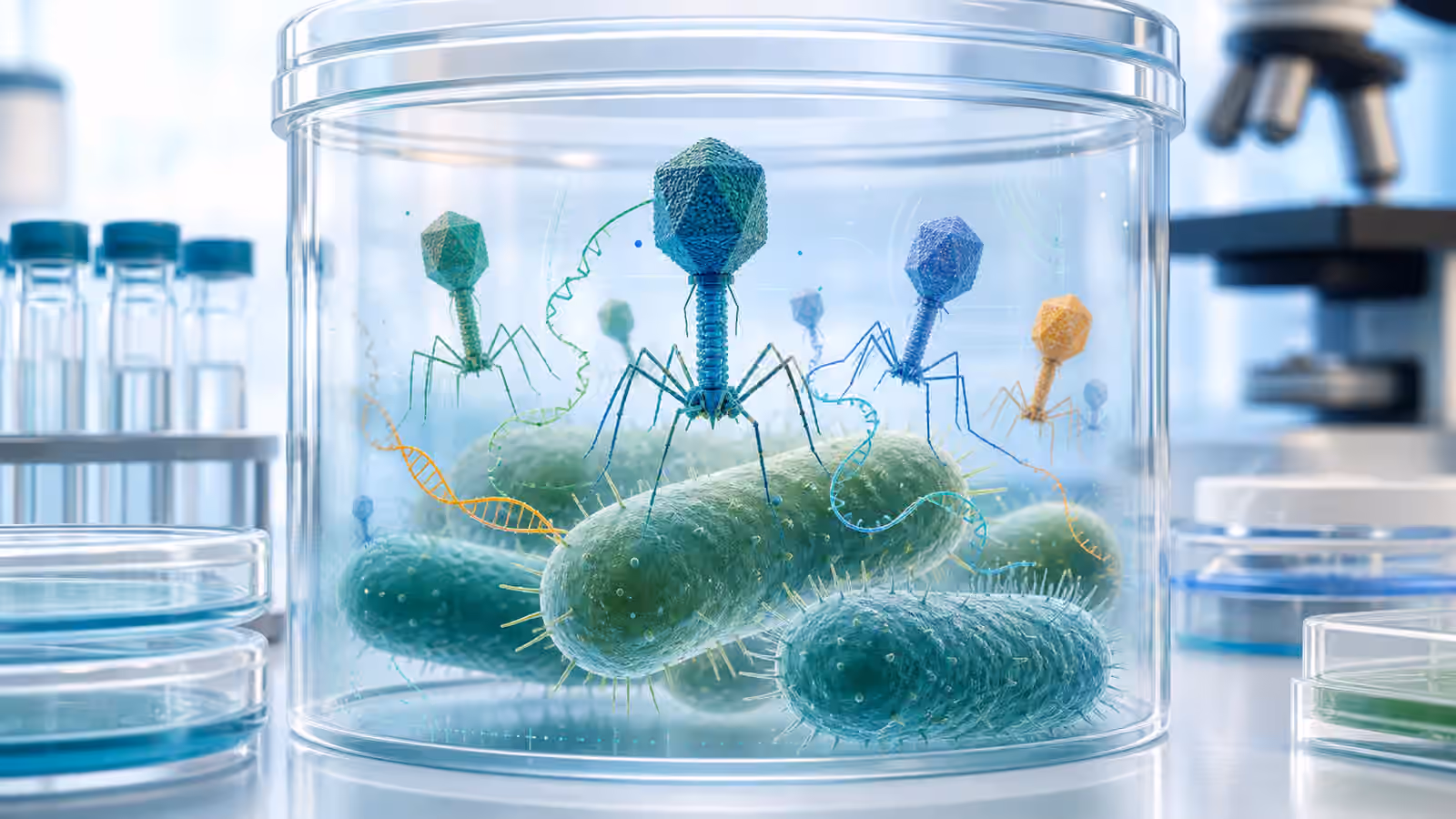 Stylized bacteriophage particles hover near bacterial cells inside sealed labware with DNA ribbons and containment glass.