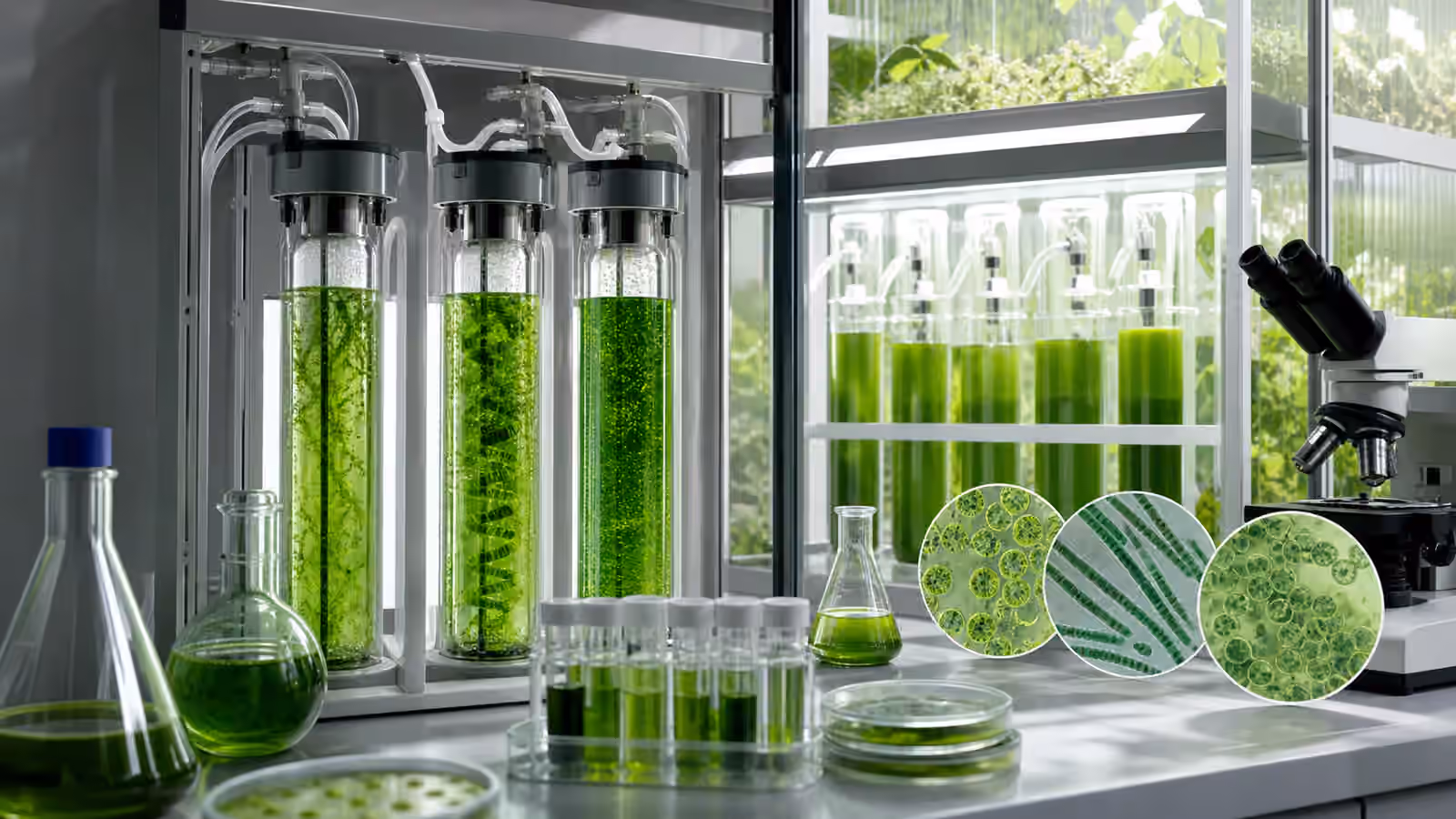 A contained lab bench with green algal cultures, photobioreactor tubes, sample flasks, and a soft light panel.