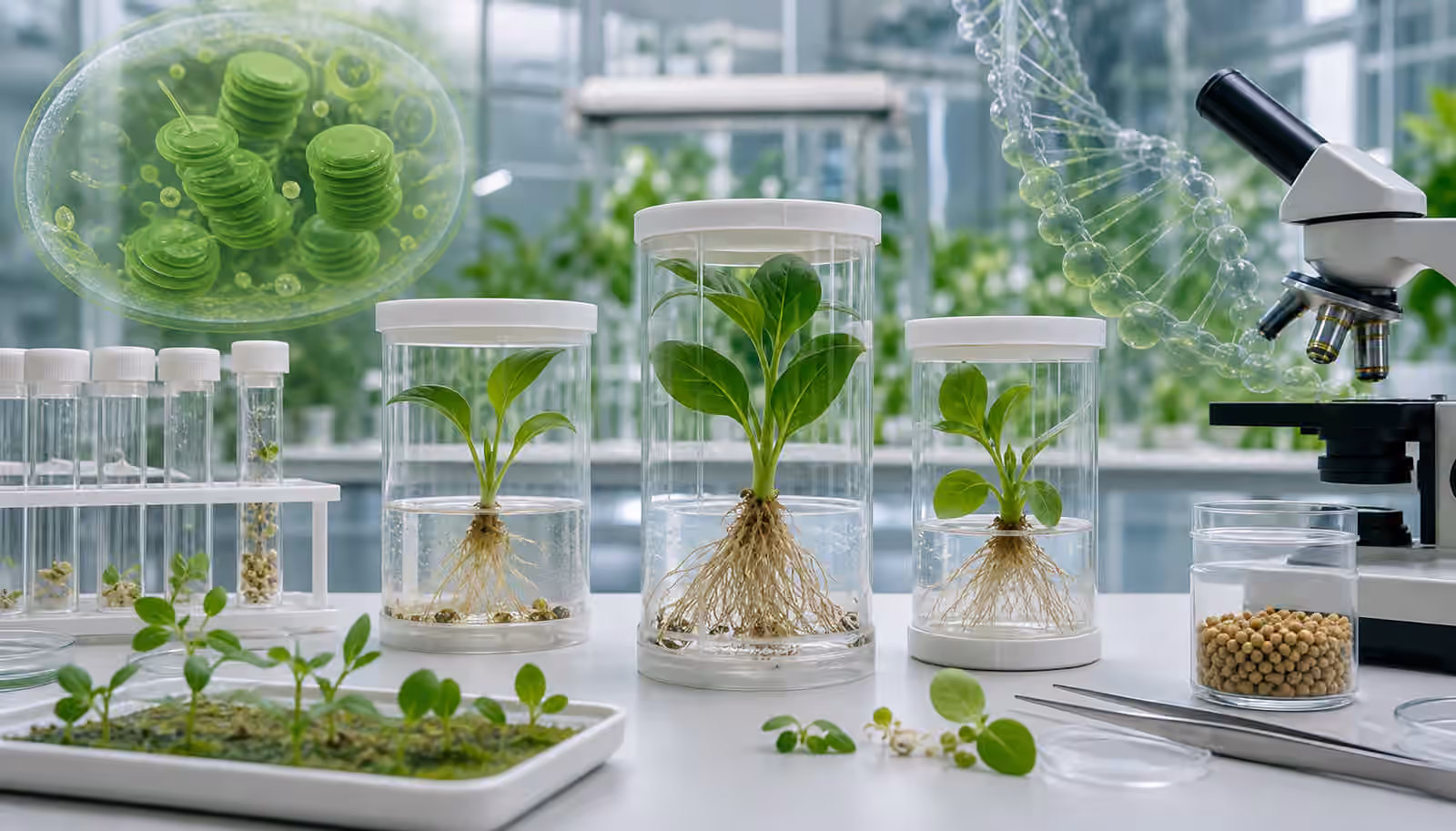 A clean plant synthetic biology lab with seedlings in transparent vessels, visible roots, sample tubes, and greenhouse light.