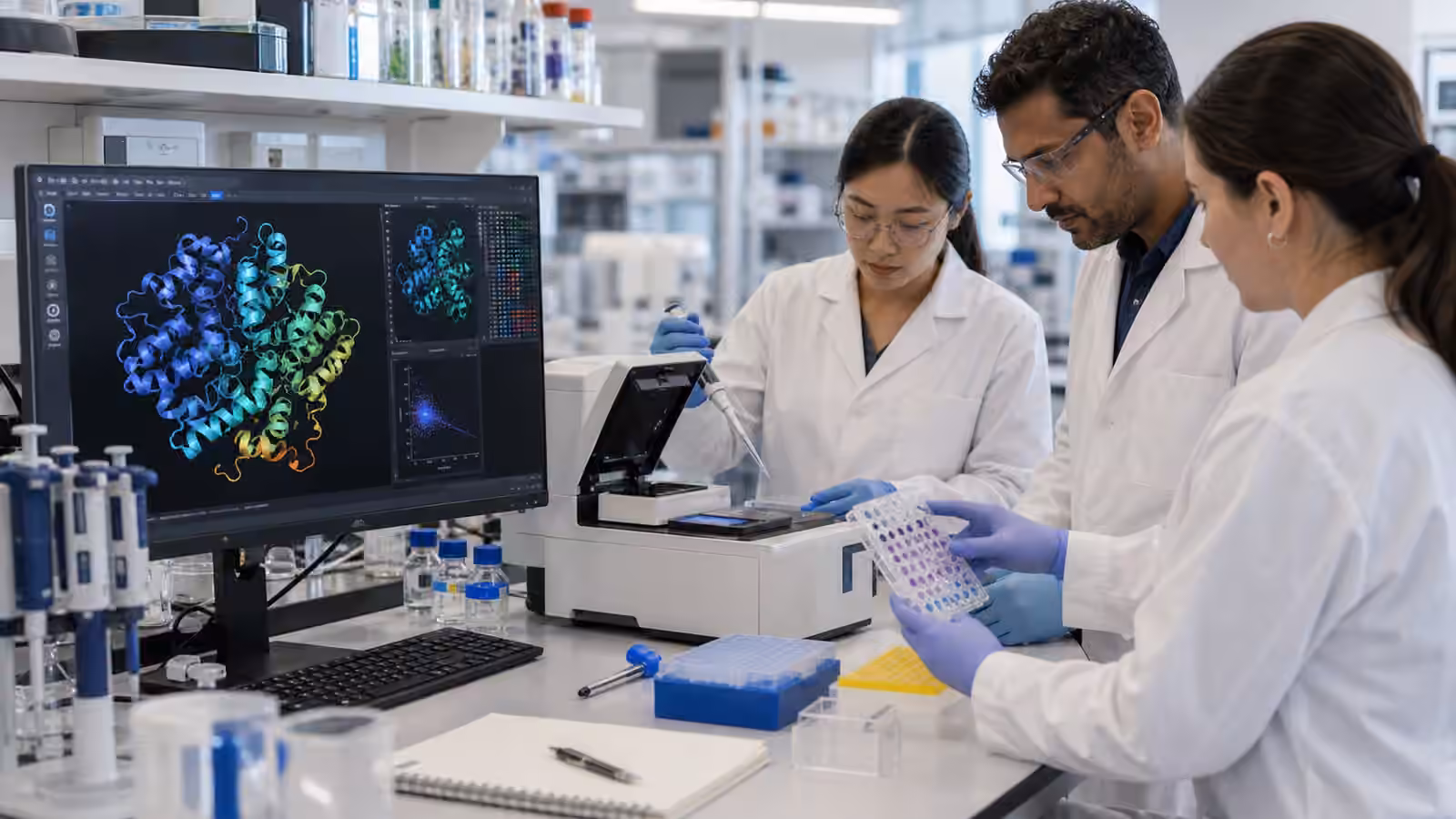 Researchers connect AI protein design screens with wet-lab validation using microplates, instruments, and candidate samples