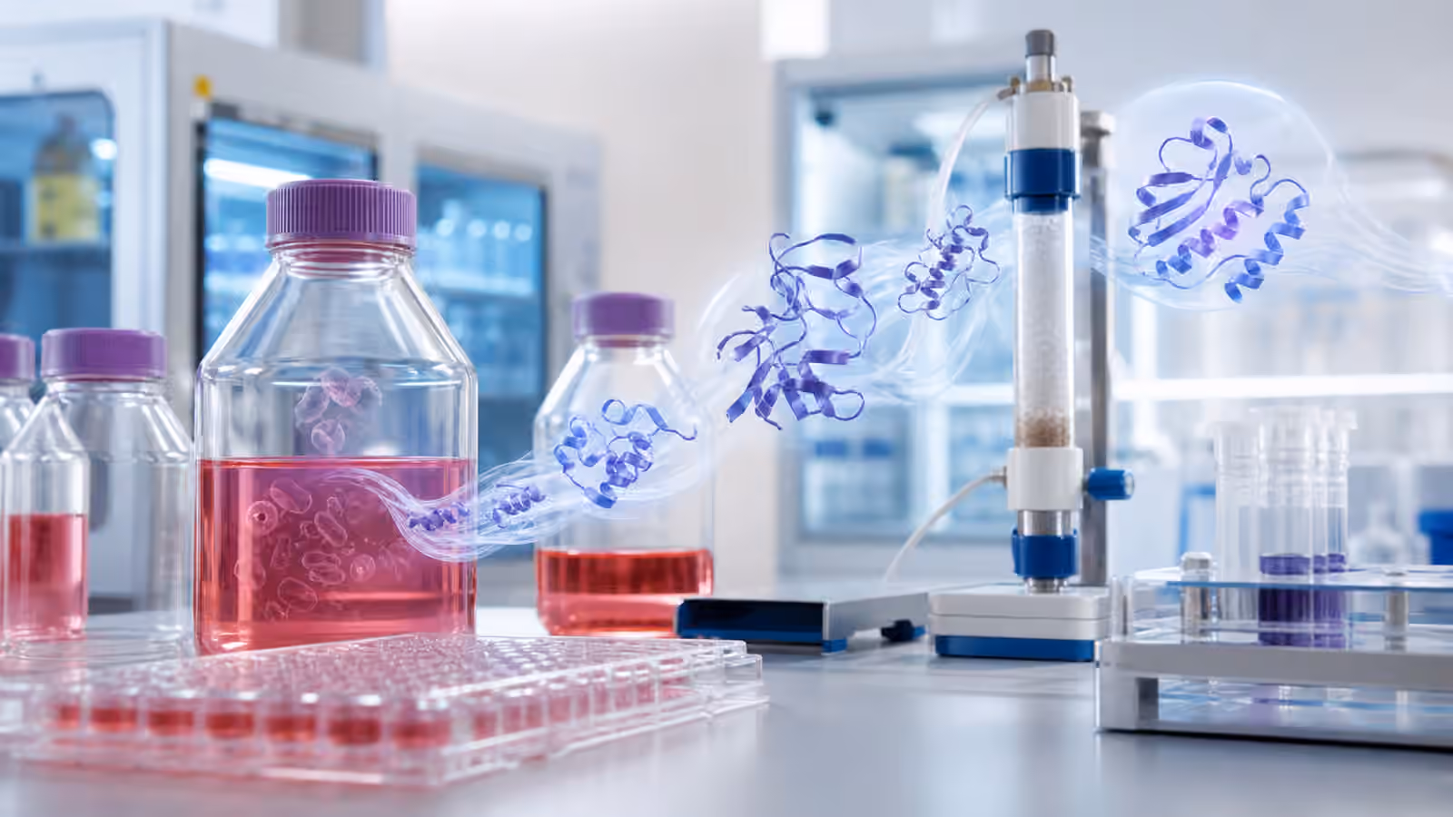 A clean synthetic biology bench with sealed culture flasks, protein ribbon models, microplates, and a small chromatography column.