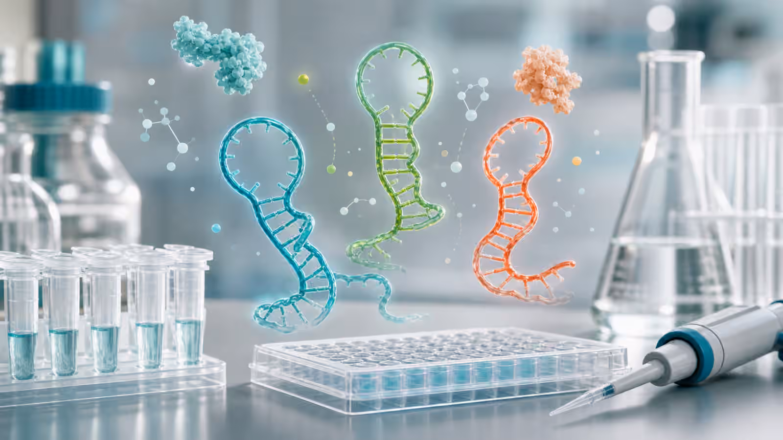 A clean synthetic biology workbench with stylized RNA hairpin models, sealed reaction tubes, microplates, and soft laboratory lighting.