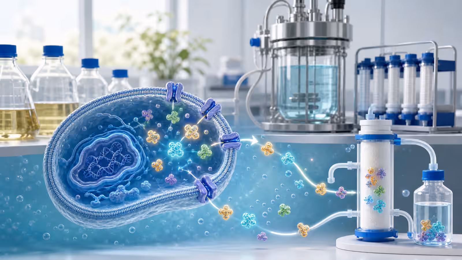 Engineered cells release stylized protein products through membrane channels toward sealed filtration equipment on a lab bench.