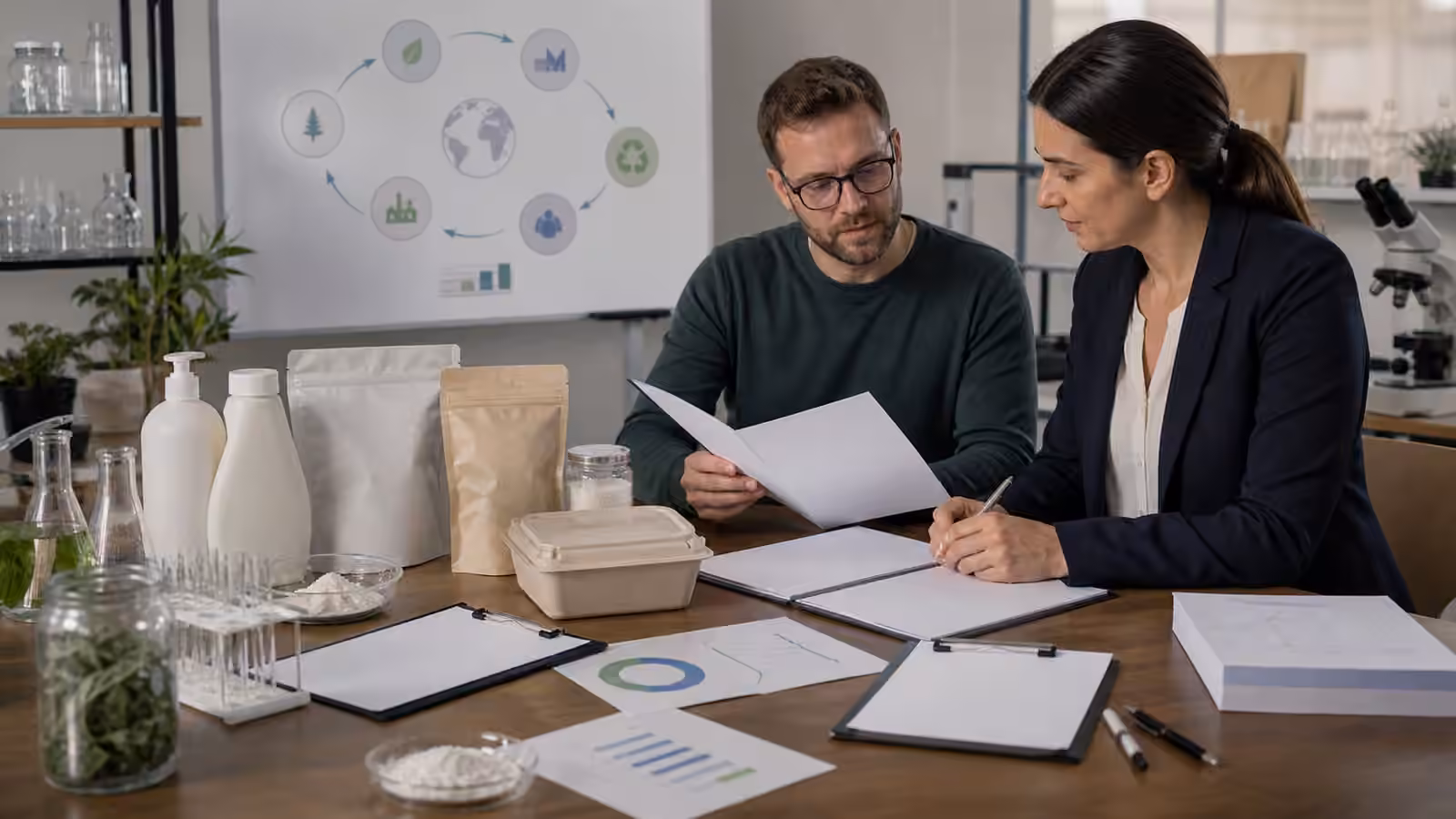 Reviewers compare anonymous bio-based products, blank evidence reports, and lifecycle diagrams before trusting product claims
