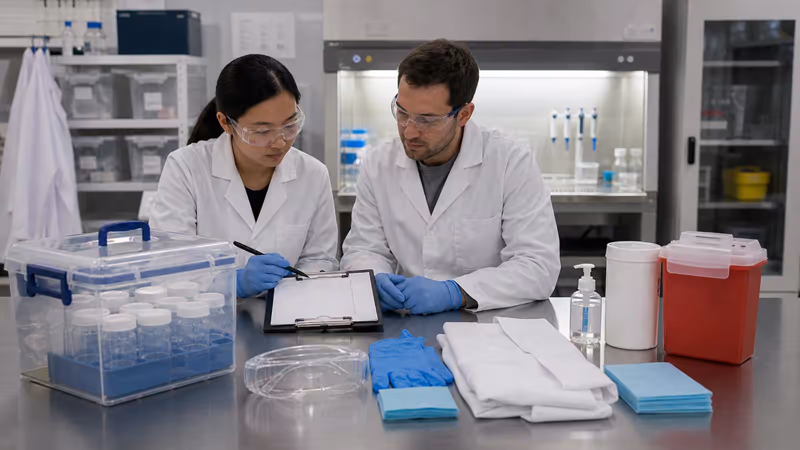 A calm biosafety planning scene with secondary containment, PPE, a biosafety cabinet, and researchers reviewing a blank risk checklist