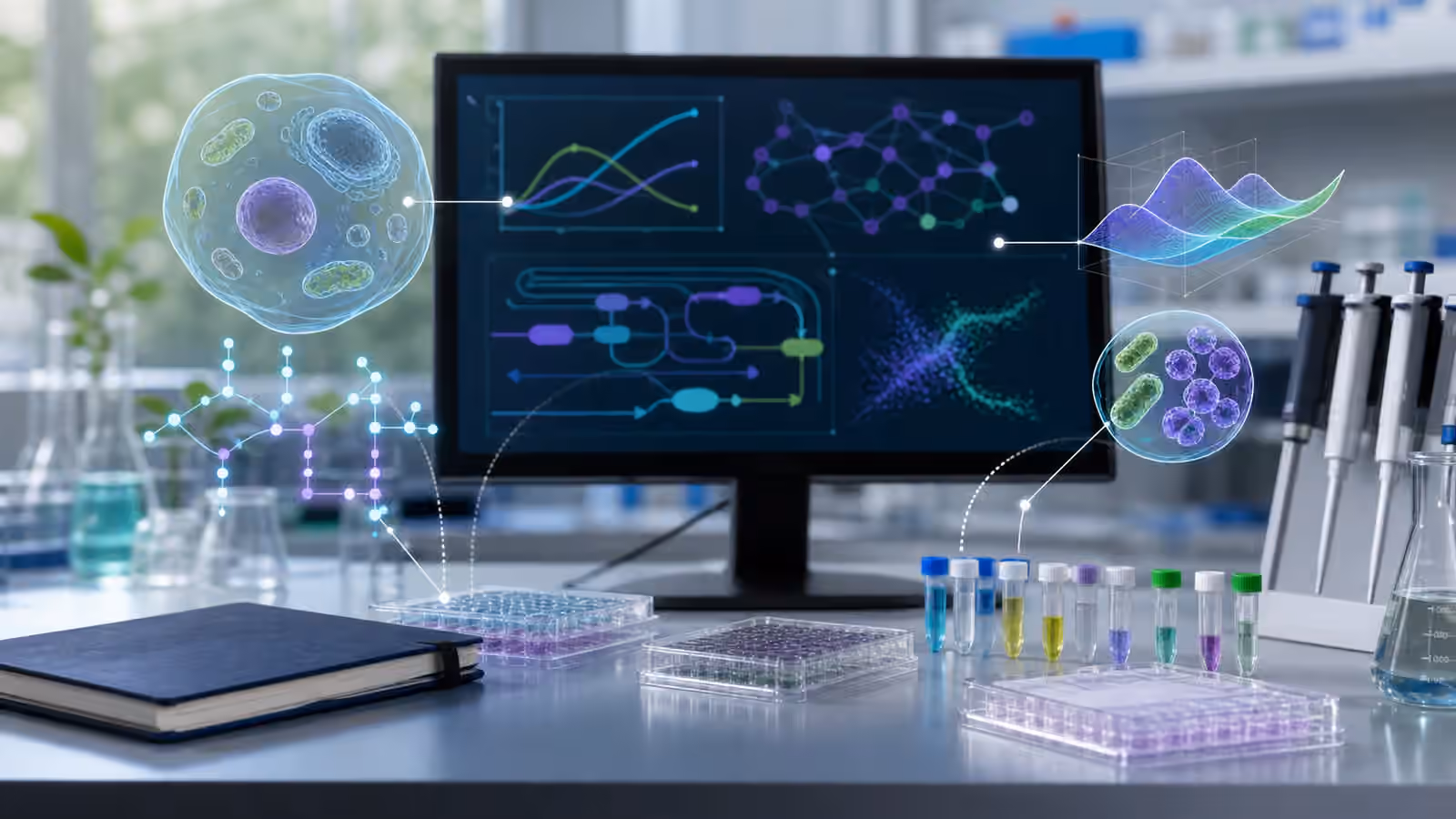 A synthetic biology lab bench with sealed samples, microplates, and abstract model curves on a nearby screen.