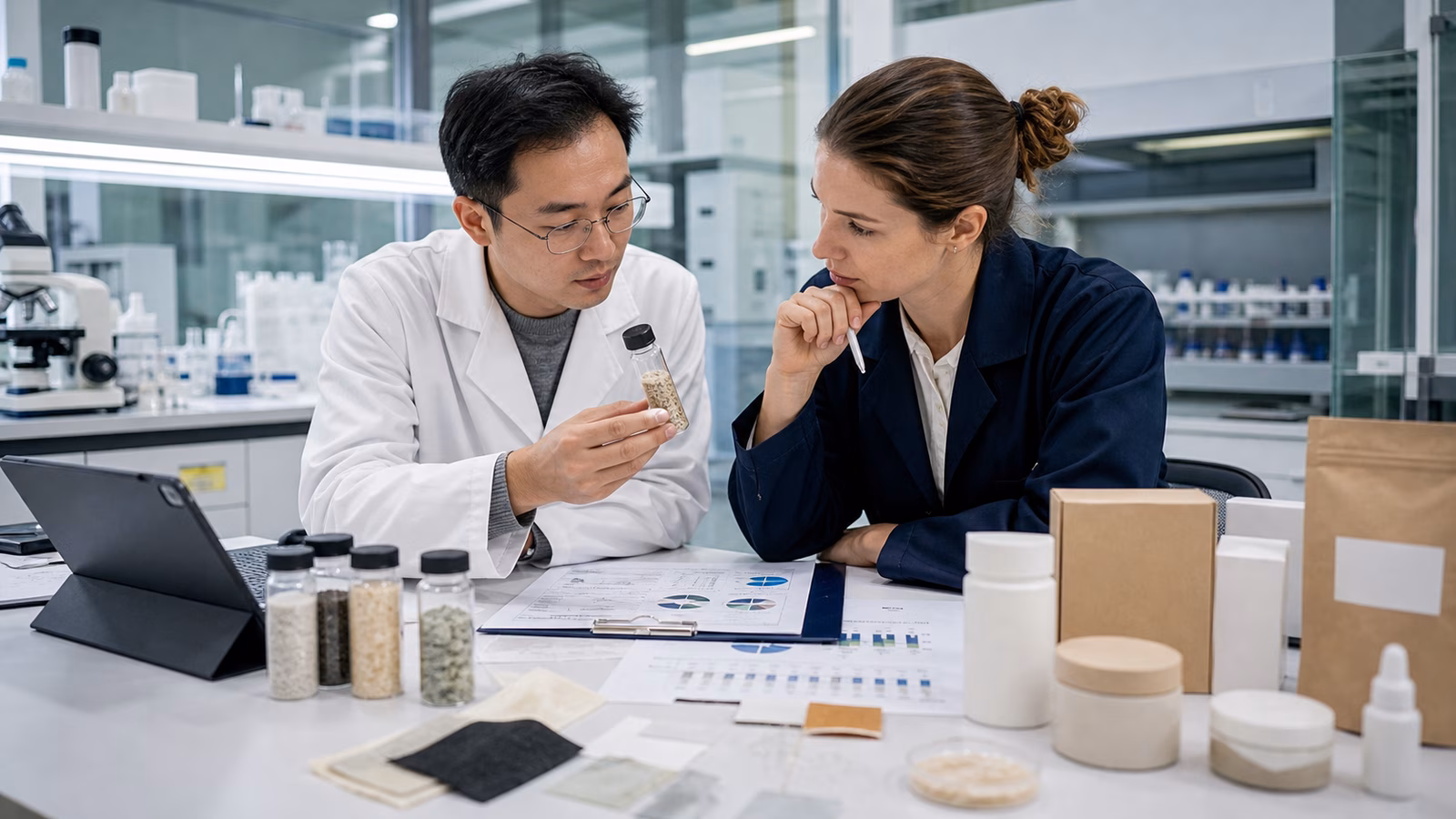 A scientist and quality specialist reviewing sealed biotech samples, blank prototype packaging, and unreadable test charts in a clean lab-to-product workspace.