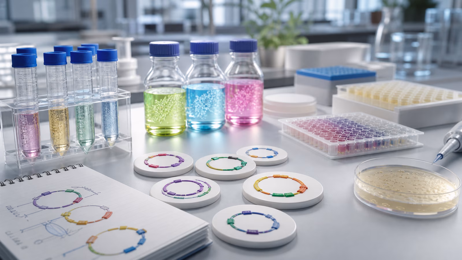 A synthetic biology workbench with colored DNA design tiles, circular plasmid parts, microplates, and sealed culture vessels.