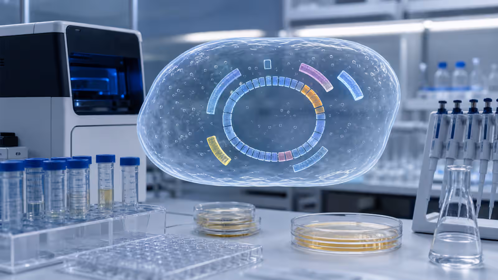 A clean genomics bench with a translucent microbial cell and abstract circular genome segments above sealed samples.