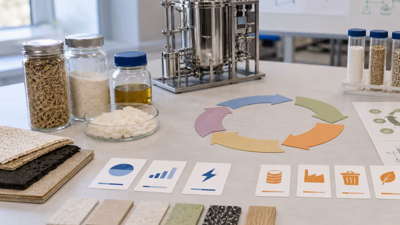 A synthetic biology planning table with feedstock samples, material swatches, a small bioreactor, and blank circular-flow cards.