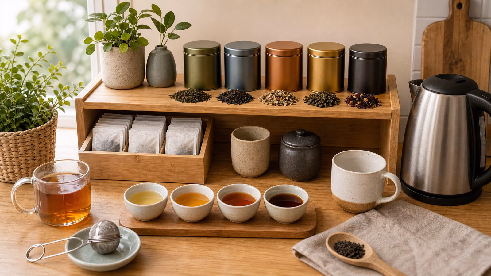 Beginner tea shelf with tins, infuser, kettle, cups, and tasting bowls on a kitchen counter.