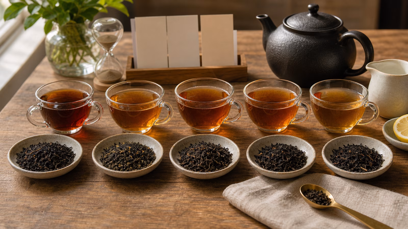 Black tea tasting flight with amber cups, dry leaf bowls, teapot, milk, and lemon.