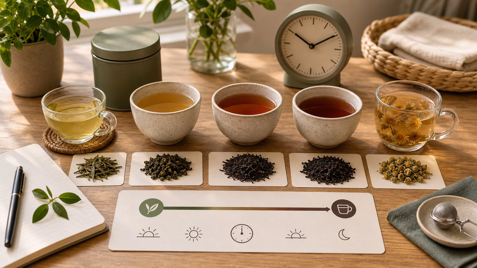 Tea cups, clock, loose leaves, and timing cards arranged for comparing caffeine and sensitivity.