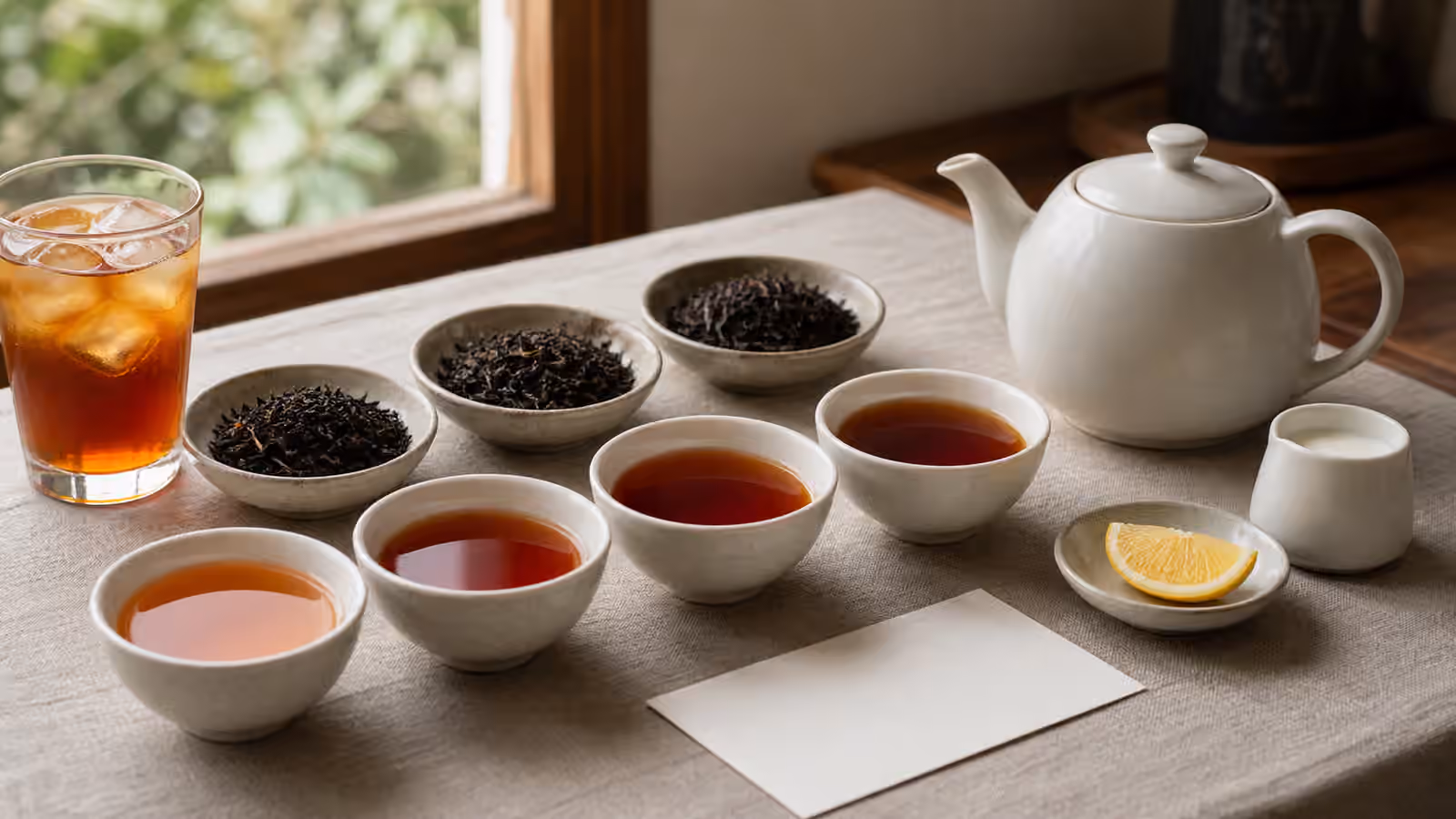 Sri Lankan black tea tasting table with copper cups, bowls of loose tea, lemon, milk, iced tea, and a white teapot.
