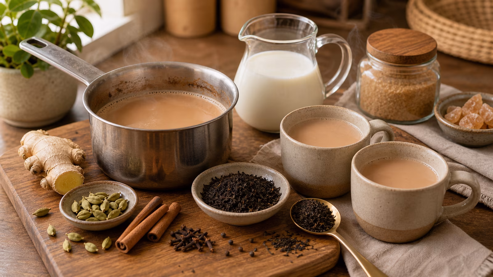 Saucepan of chai with black tea, milk, cardamom, cinnamon, ginger, and cups on a kitchen counter.