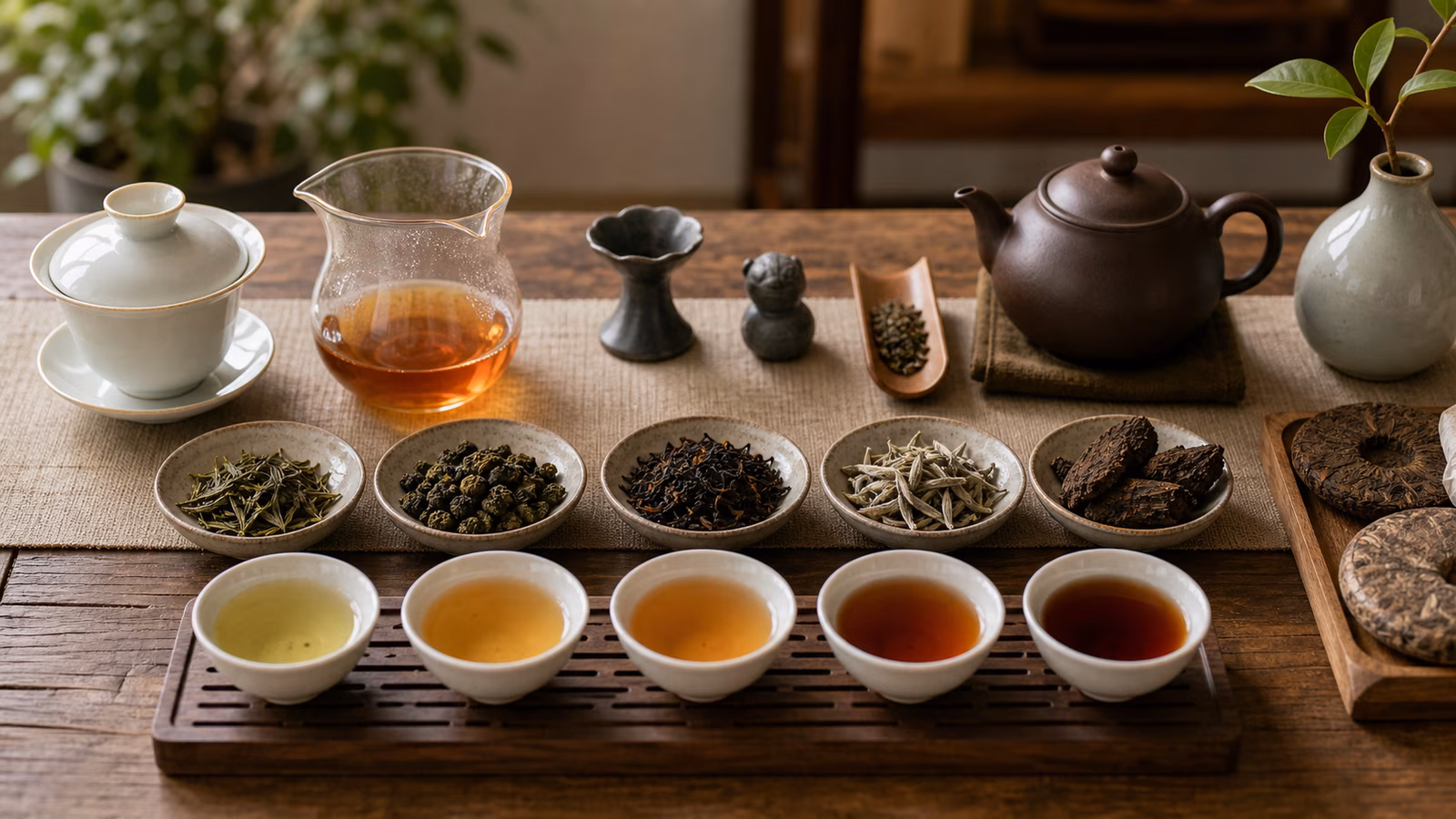 Gaiwan, tasting cups, pu-erh pieces, oolong leaves, white tea buds, and kettle on a tea table.