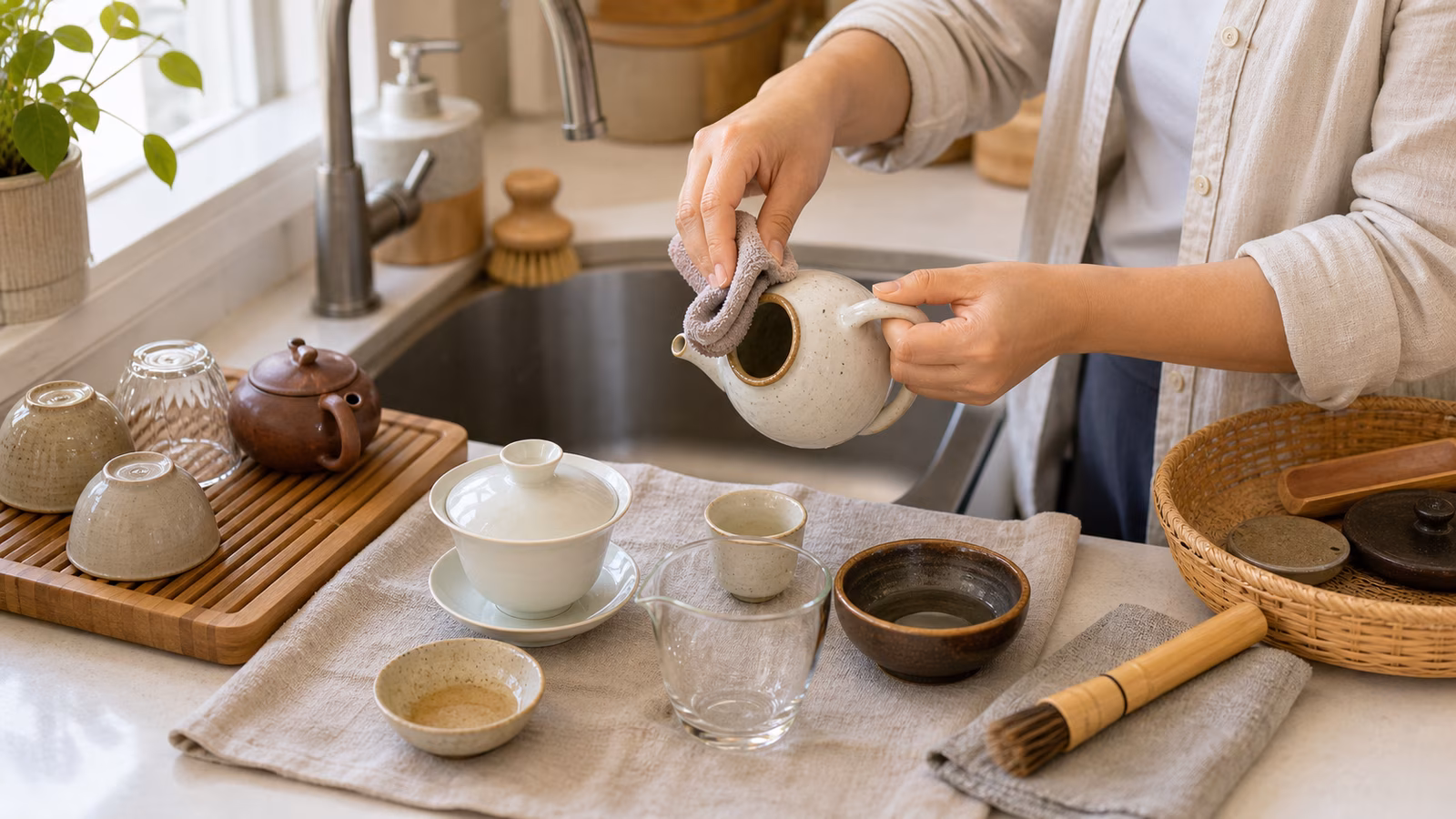 Teapot, cups, cloth, brush, drying rack, and sink arranged for cleaning teaware.
