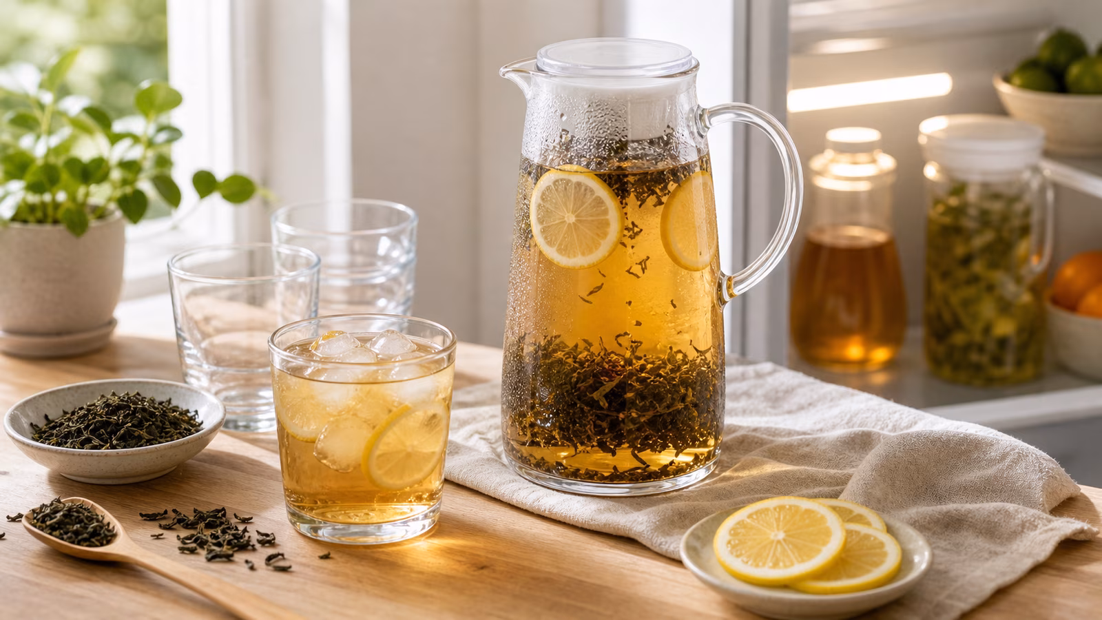 Glass pitcher of cold brew tea with loose leaves, ice, lemon slices, and cups in bright light.