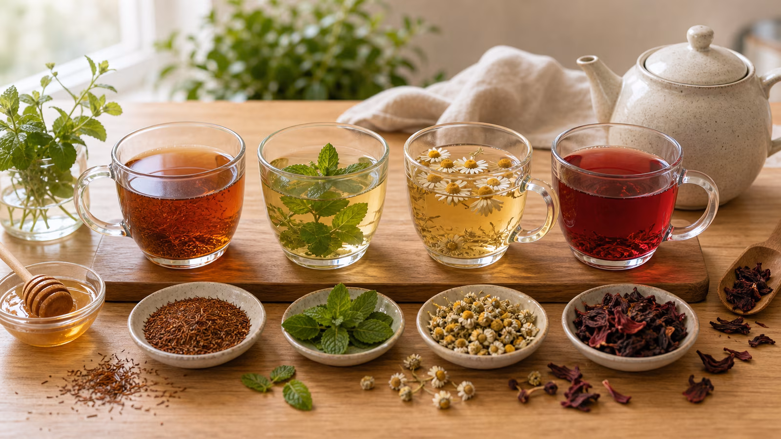 Rooibos, mint, chamomile, hibiscus, honey, teapot, and colorful herbal cups on a table.