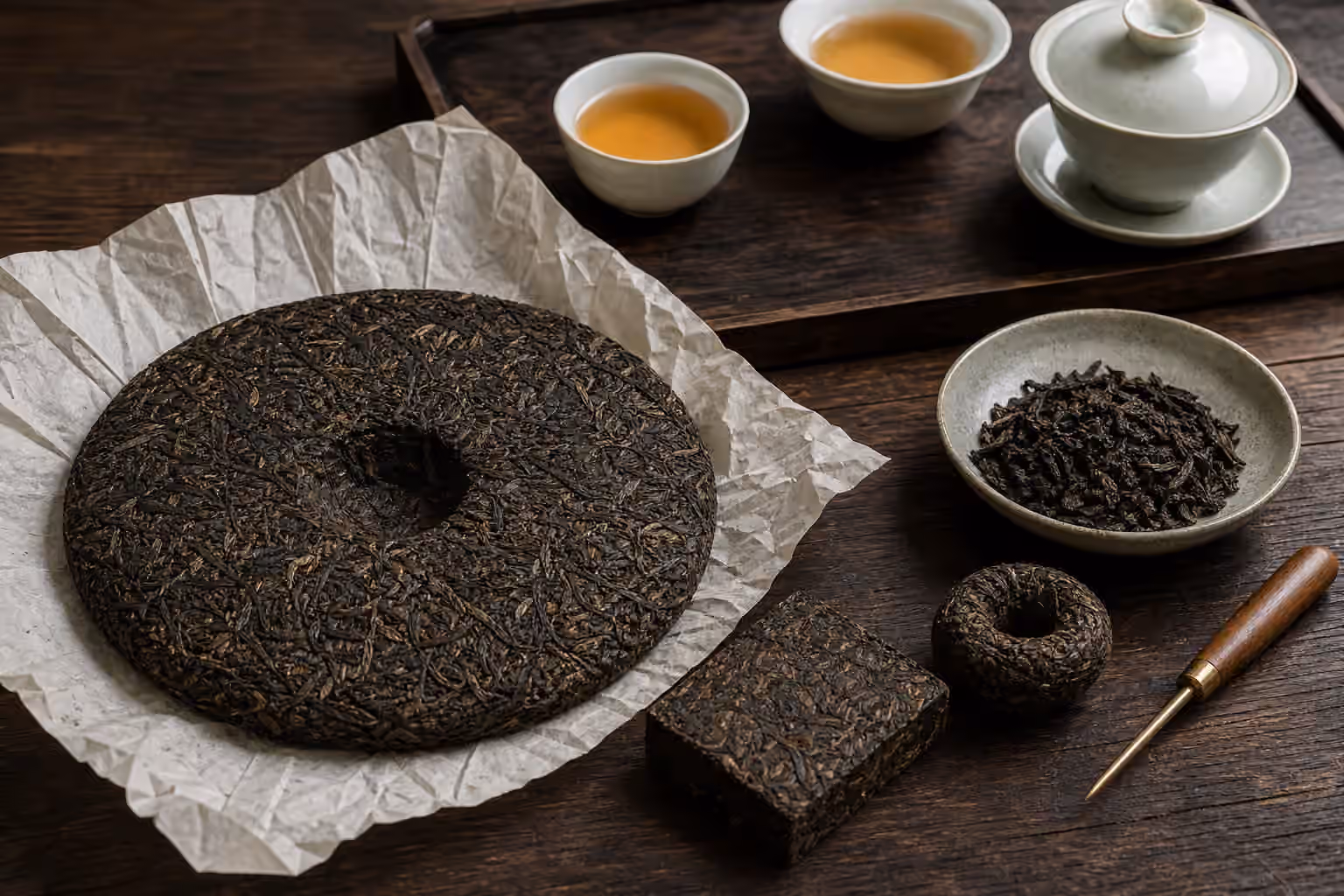 Compressed tea cake, tea brick, small nest tea, loose flakes, a tea pick, cups, and a gaiwan.