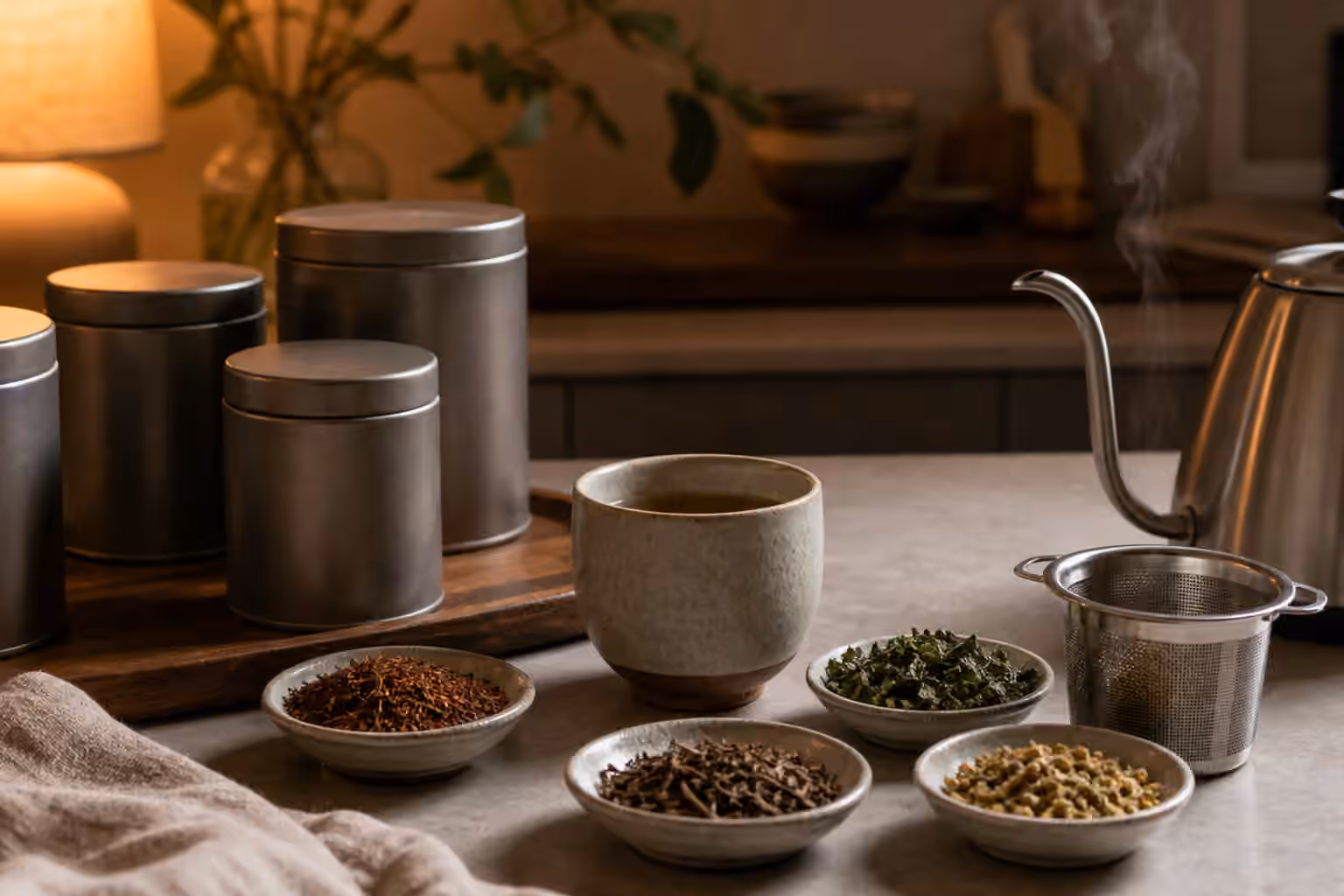 Evening tea counter with plain tins, herbs, a mug, a kettle, and a steeping basket.