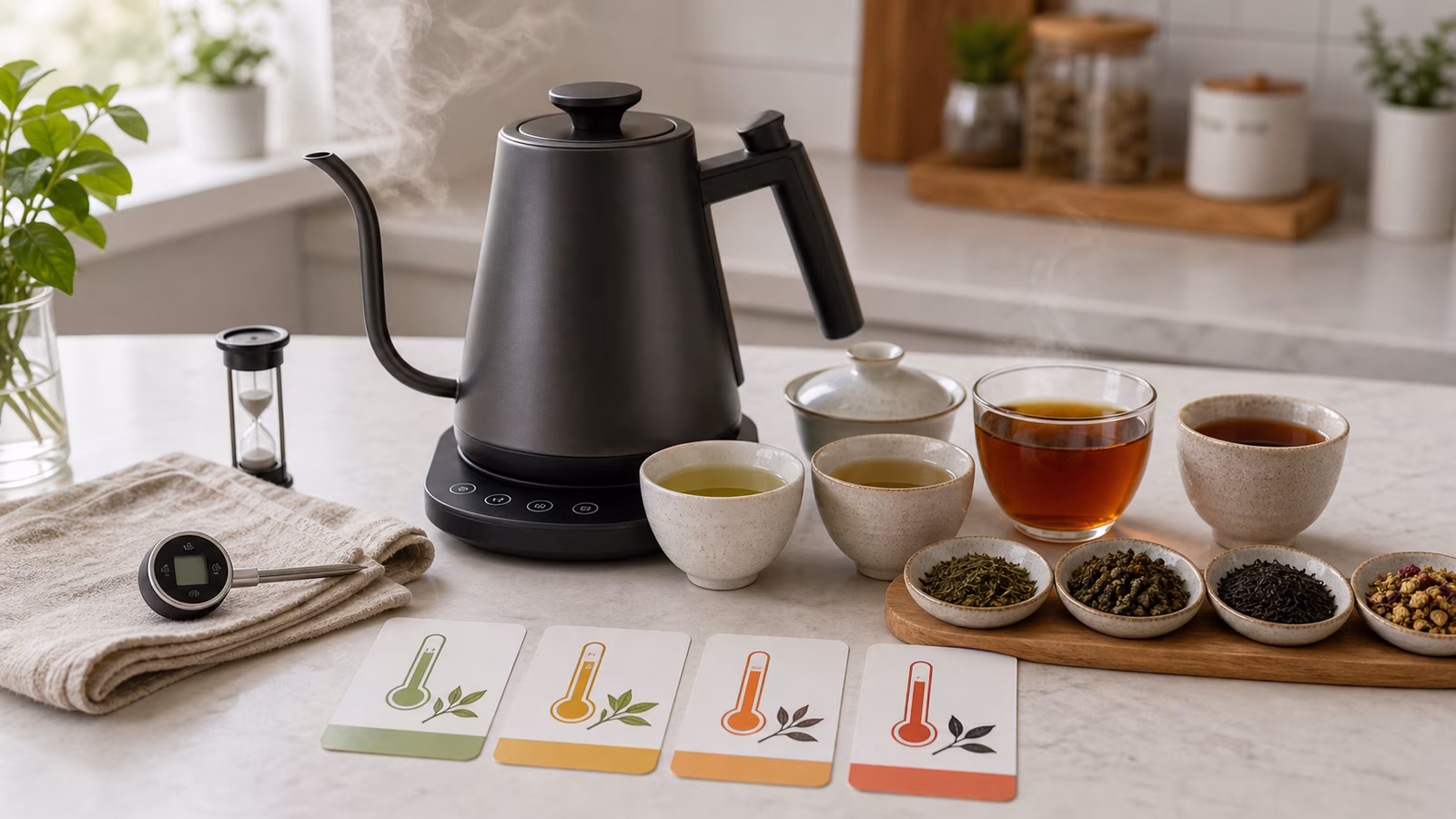 Gooseneck kettle, thermometer, loose leaves, and tea cups arranged for temperature control.