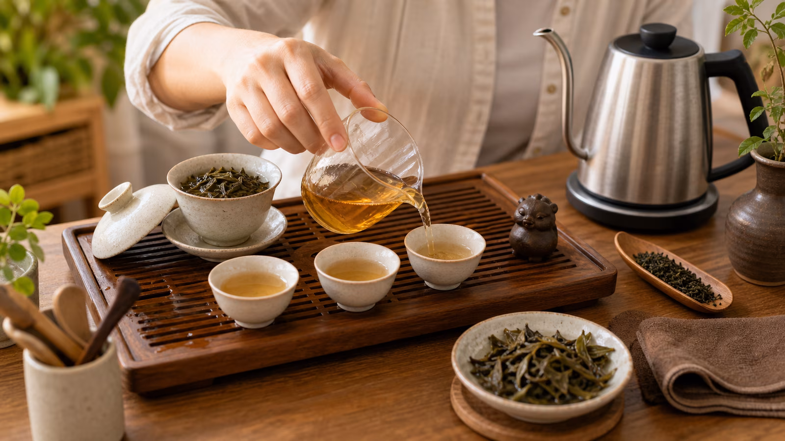 Gongfu tea tray with gaiwan, fairness pitcher, small cups, kettle, and wet leaves.