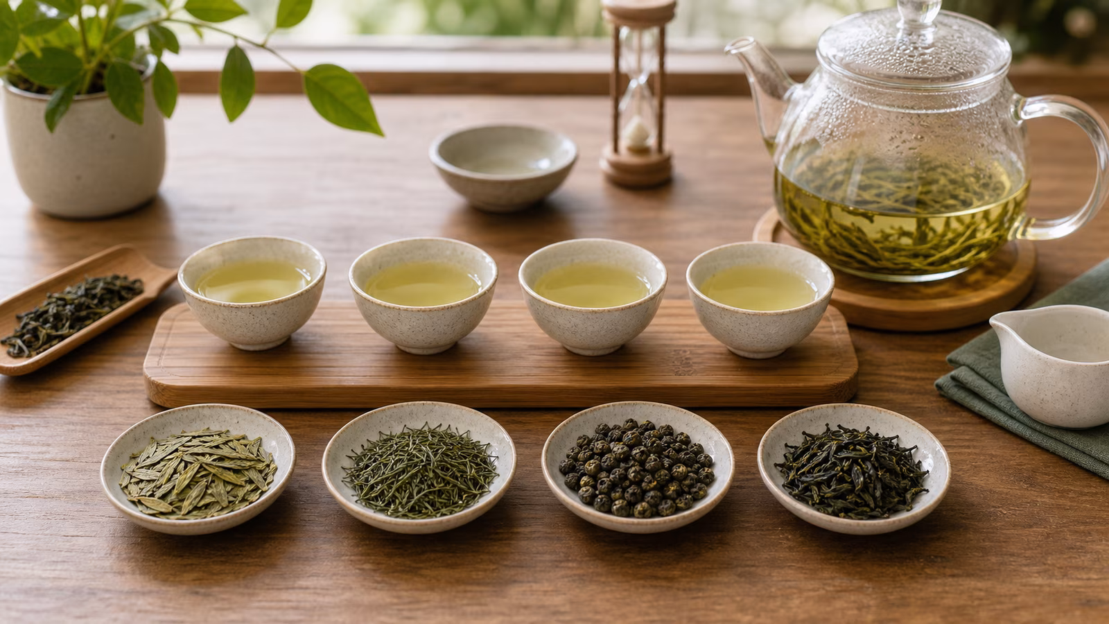 Green tea tasting cups with sencha, Dragonwell, gunpowder leaves, and glass kettle.