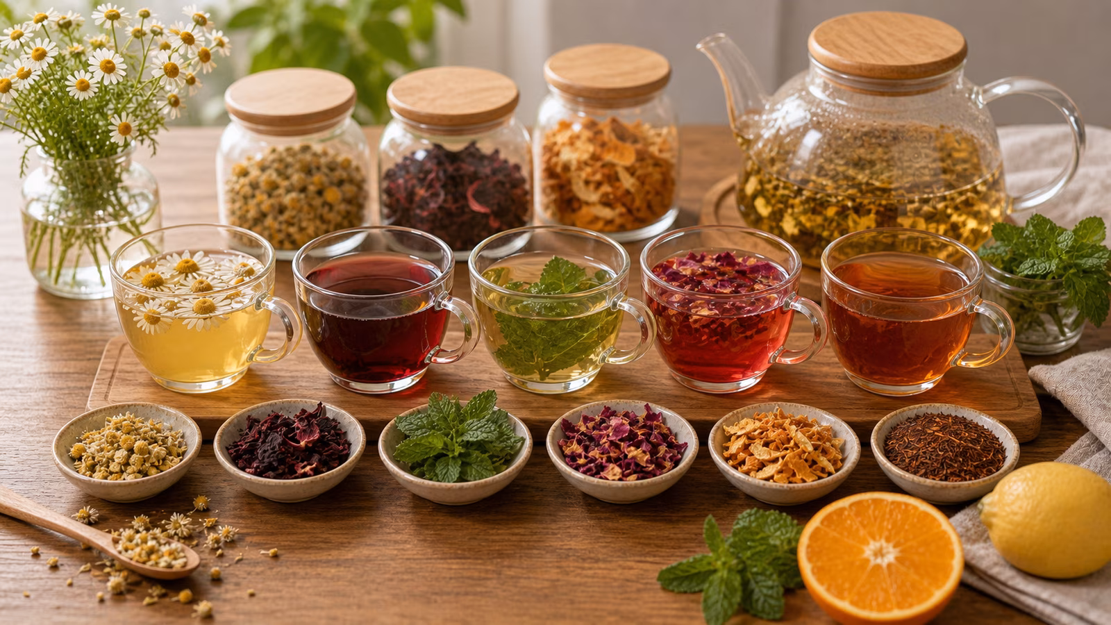 Dried herbs, flowers, citrus peel, glass teapot, and colorful caffeine-free infusions.