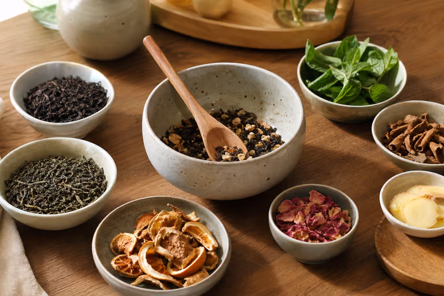Bowls of tea, citrus peel, rose petals, ginger, cinnamon, mint, and a mixing bowl.