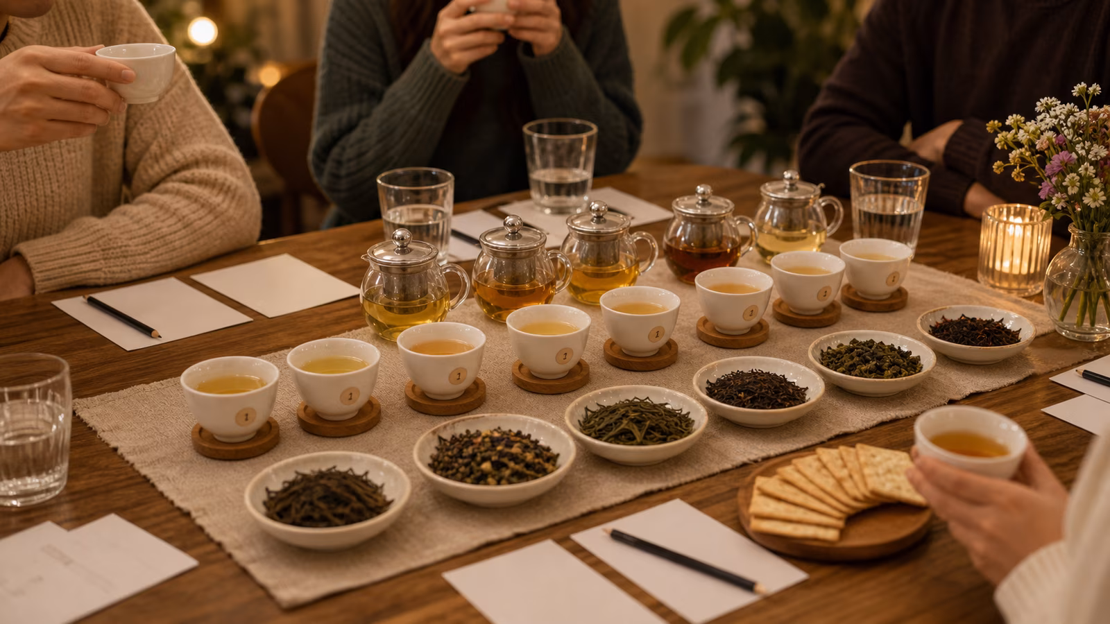 Home tea tasting table with cups, small pots, dry leaf bowls, water glasses, and blank cards.