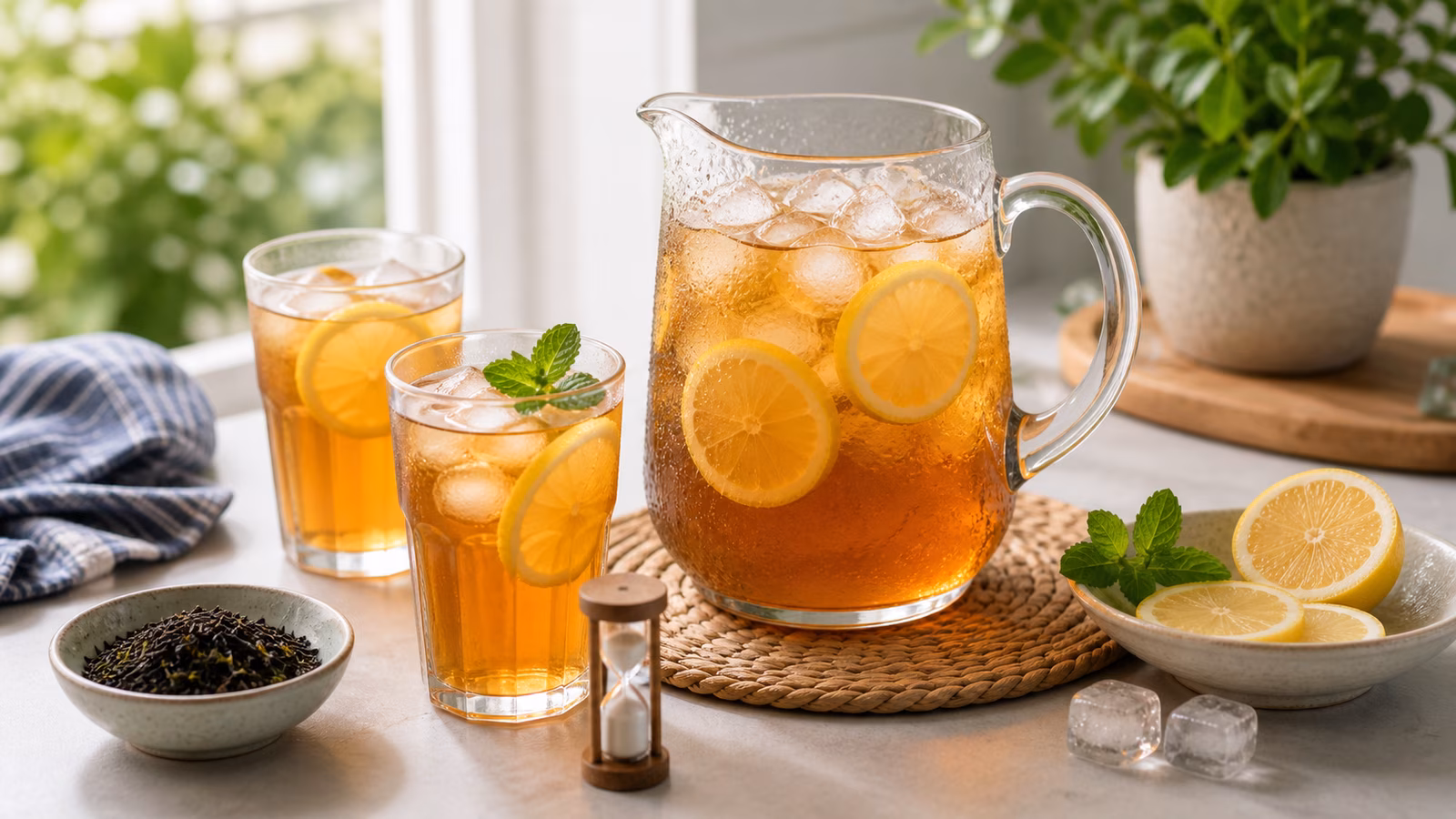 Pitcher of iced tea with lemon slices, ice, loose tea, timer, and glasses.