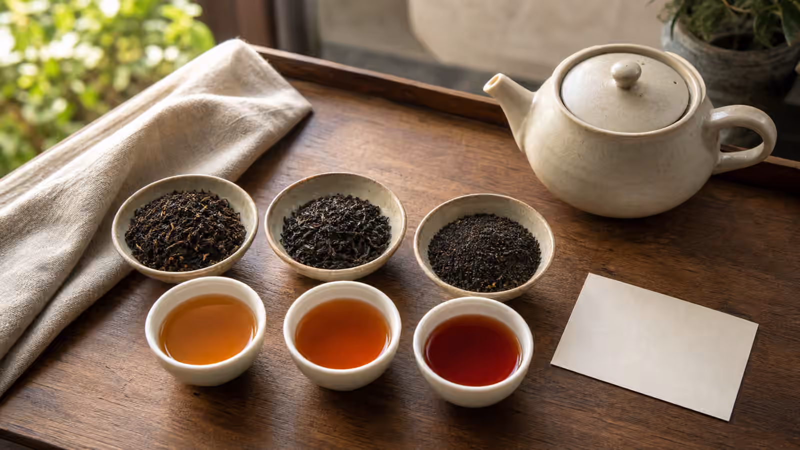 Three cups of Indian-style black tea beside unlabelled bowls of loose tea and a plain teapot.