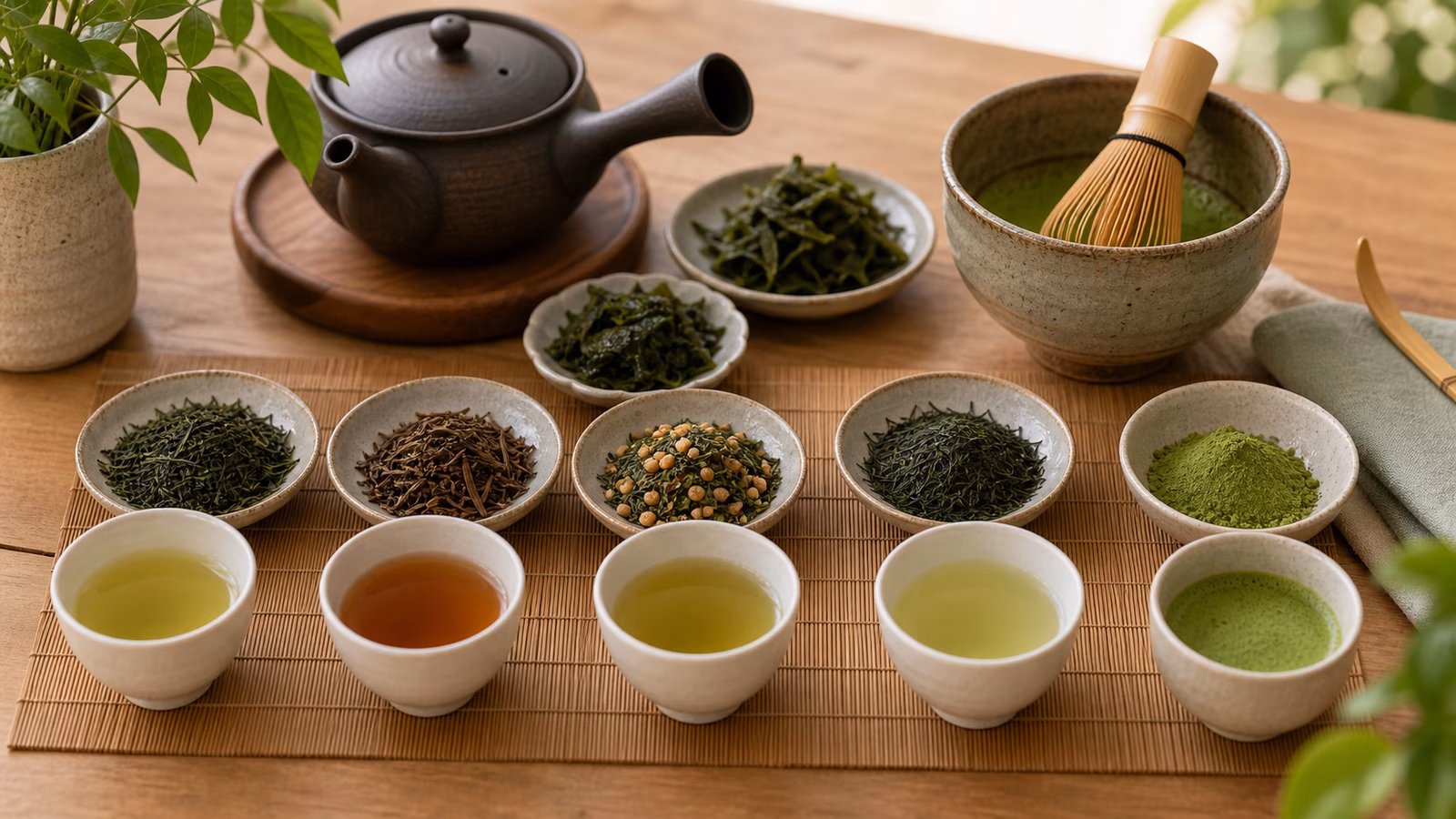 Kyusu, matcha bowl and whisk, hojicha, genmaicha, green leaves, and tea cups.