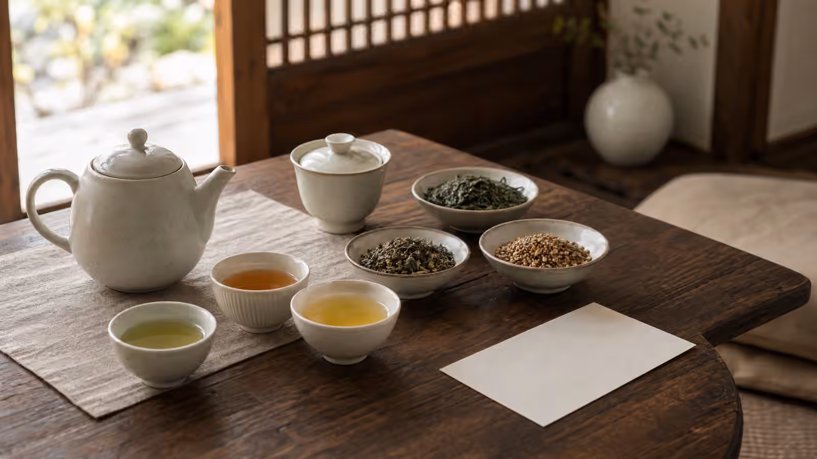 Korean-style tea table with small cups, a ceramic teapot, green tea leaves, roasted grains, and a blank note card.