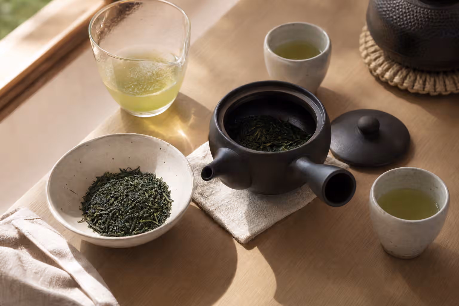 Side-handle kyusu with green tea leaves, small cups, a cooling pitcher, and kettle.