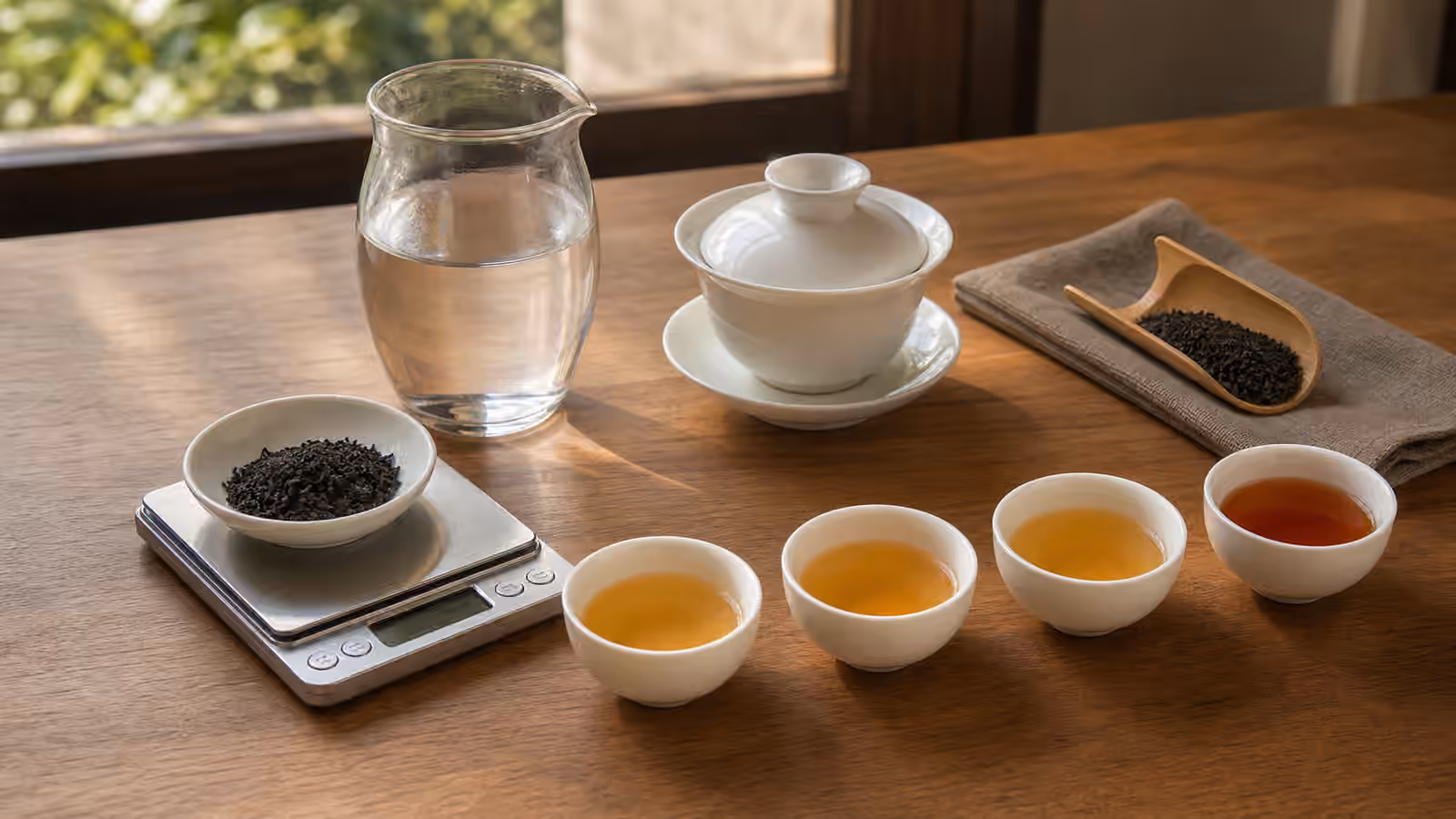 Loose tea on a small scale beside a carafe, gaiwan, and cups of different strengths.