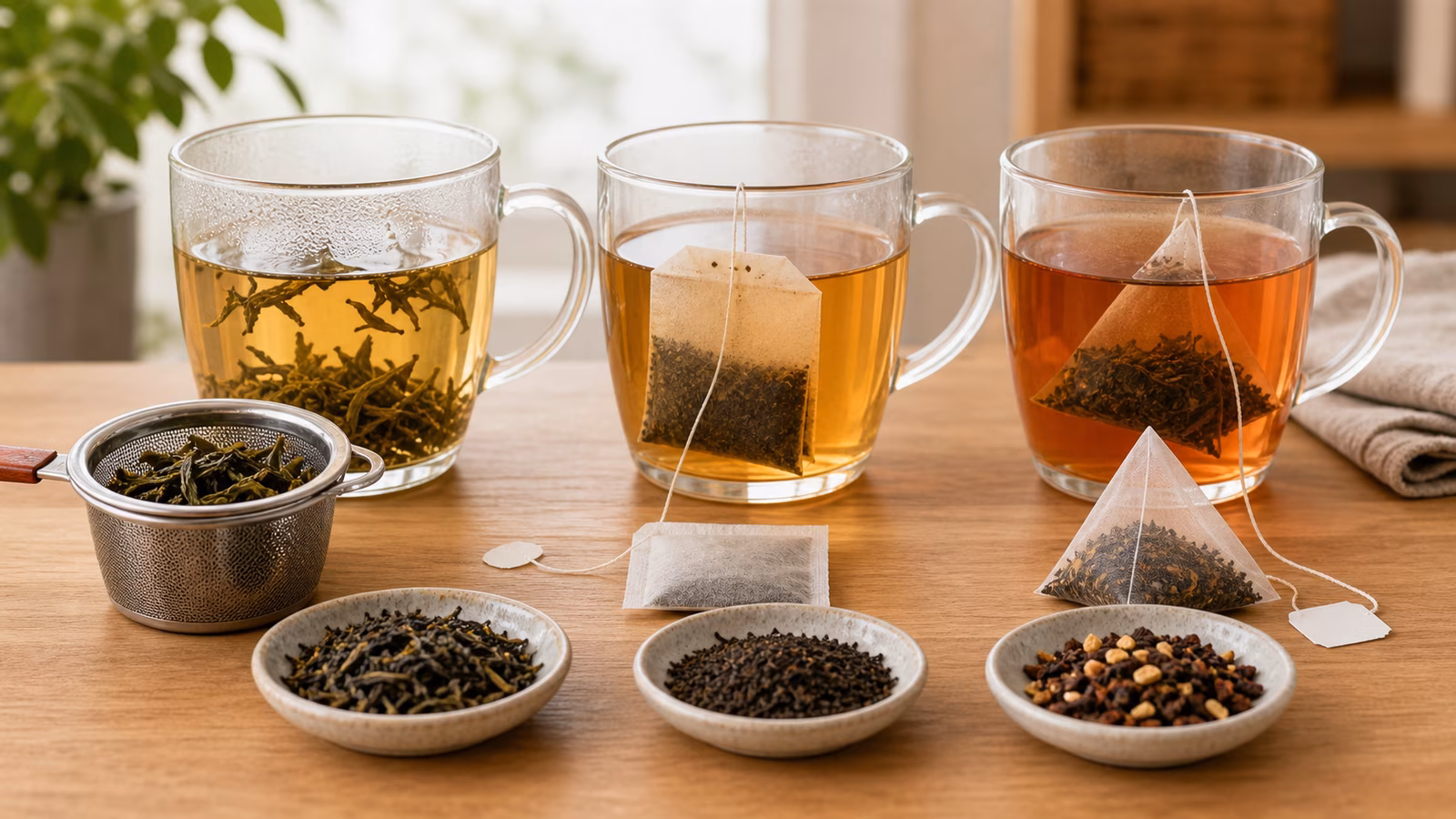 Loose leaves, tea bag, pyramid sachet, infuser, and three brewing cups arranged for comparison.