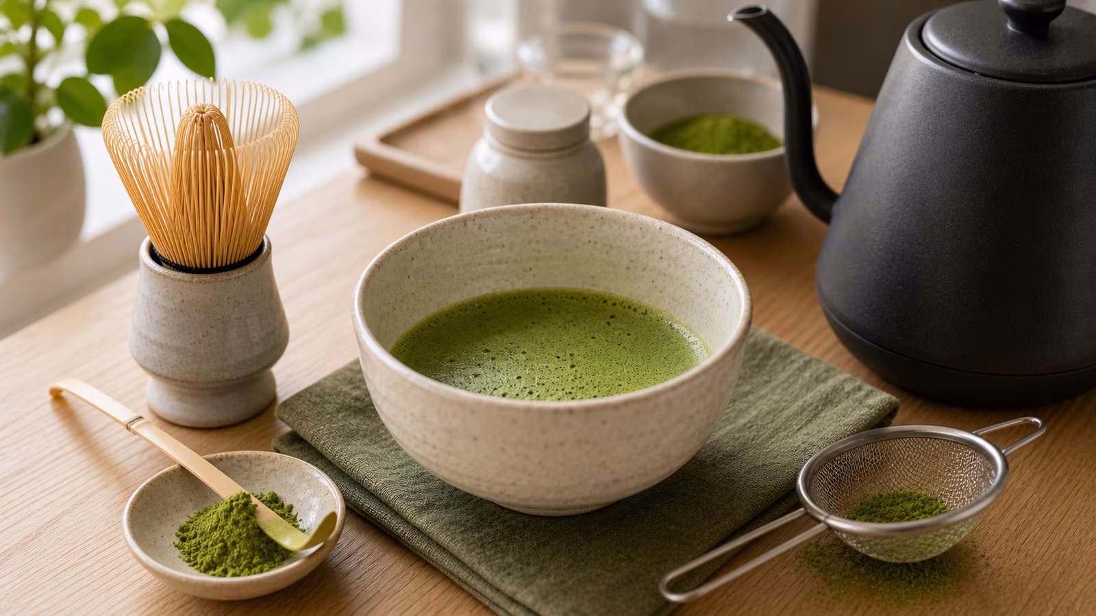 Matcha bowl, bamboo whisk, scoop, sifter, kettle, and frothy green tea setup.