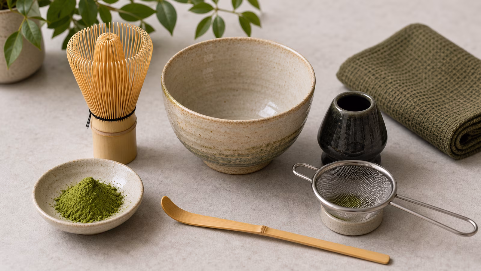 Matcha whisk, bowl, sifter, scoop, tea cloth, and green powder in a flat lay.