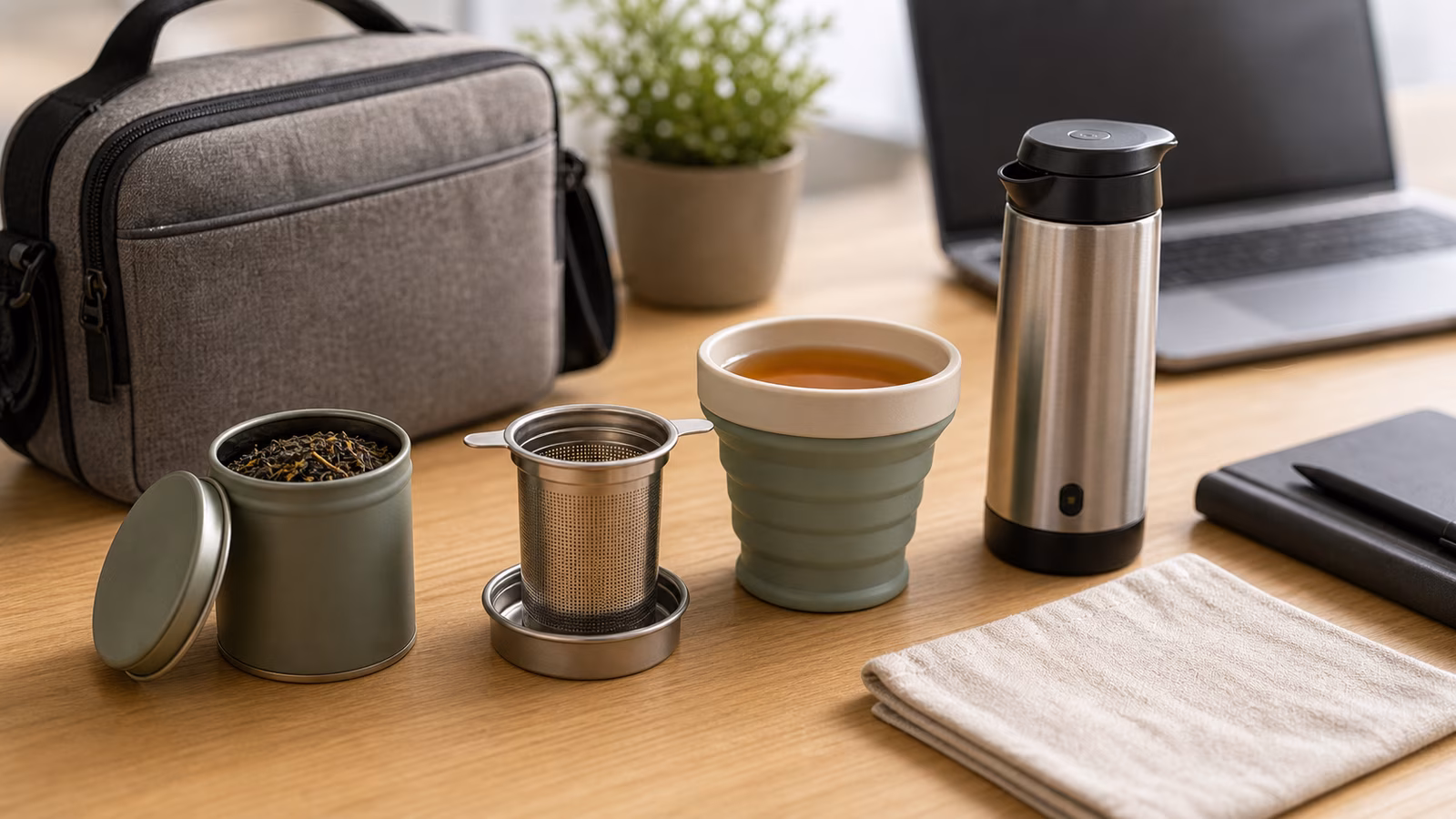 Compact travel tea kit with infuser, cup, tea tin, thermos, carry bag, and desk setup.