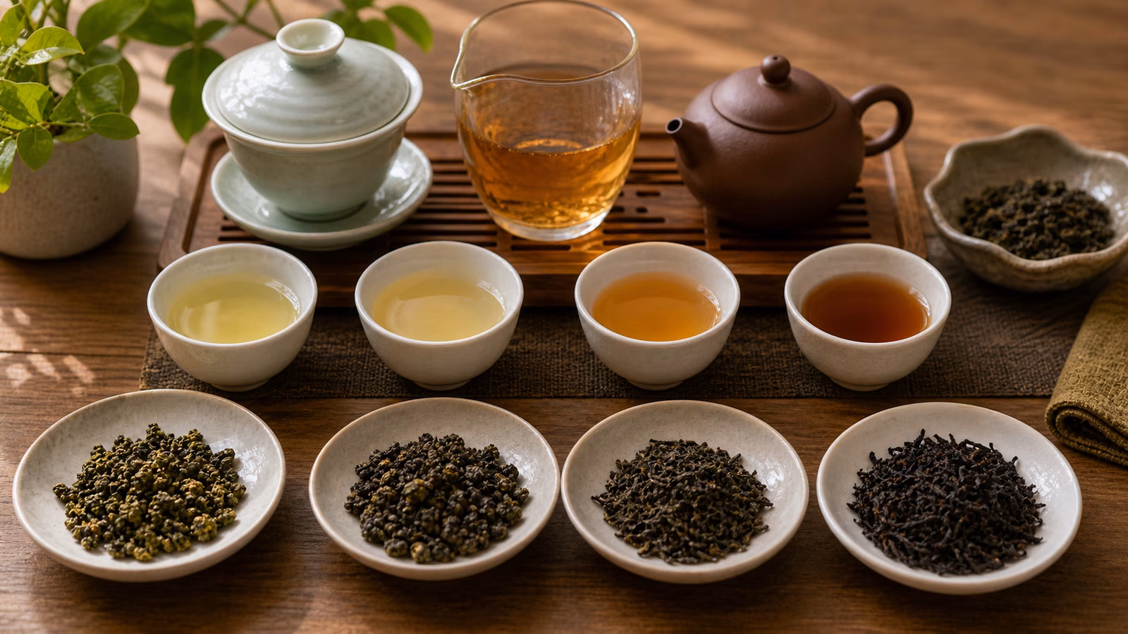 Rolled oolong leaves, roasted leaves, pale and amber cups, gaiwan, and clay pot.