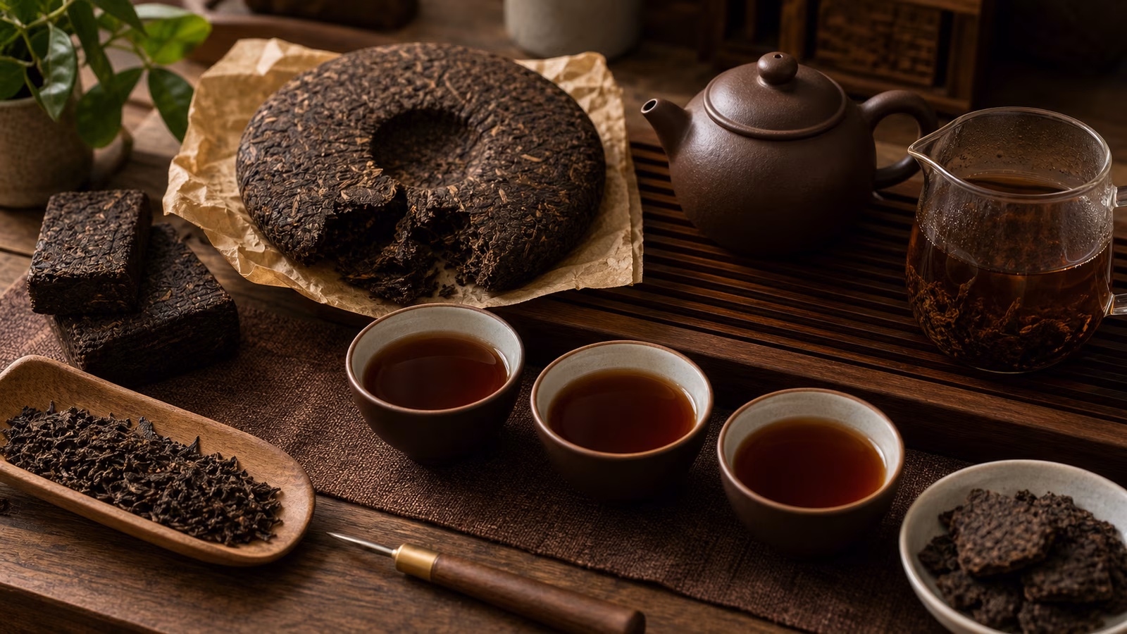 Broken pu-erh cake, compressed tea bricks, dark cups, tea pick, and clay pot on a table.