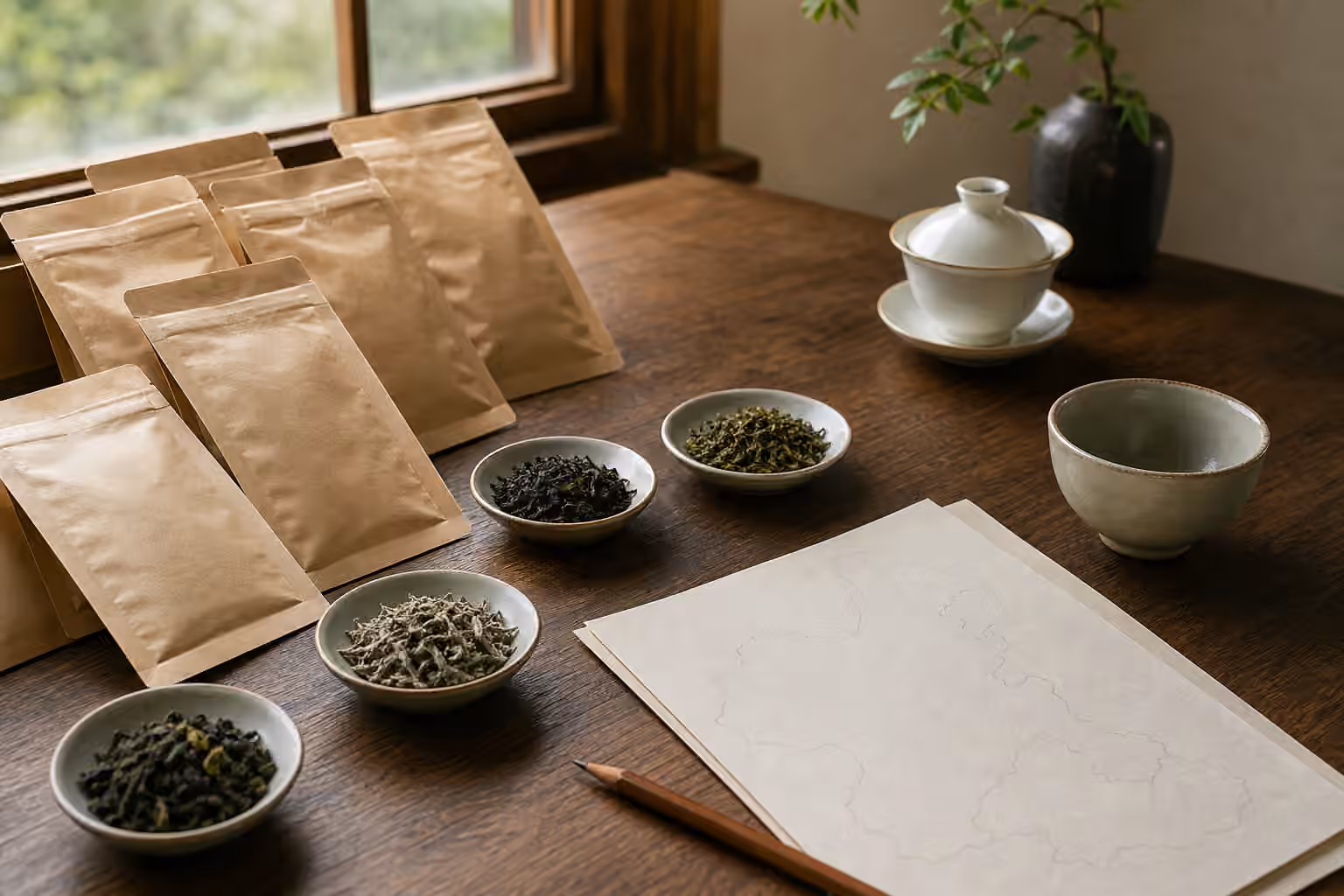 Unlabelled tea sample packets, loose teas, a gaiwan, and a blank map sheet on a wooden table.
