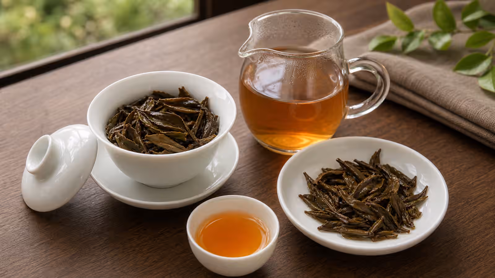 Unfurled wet tea leaves in a gaiwan and shallow dish beside a cup and pitcher.