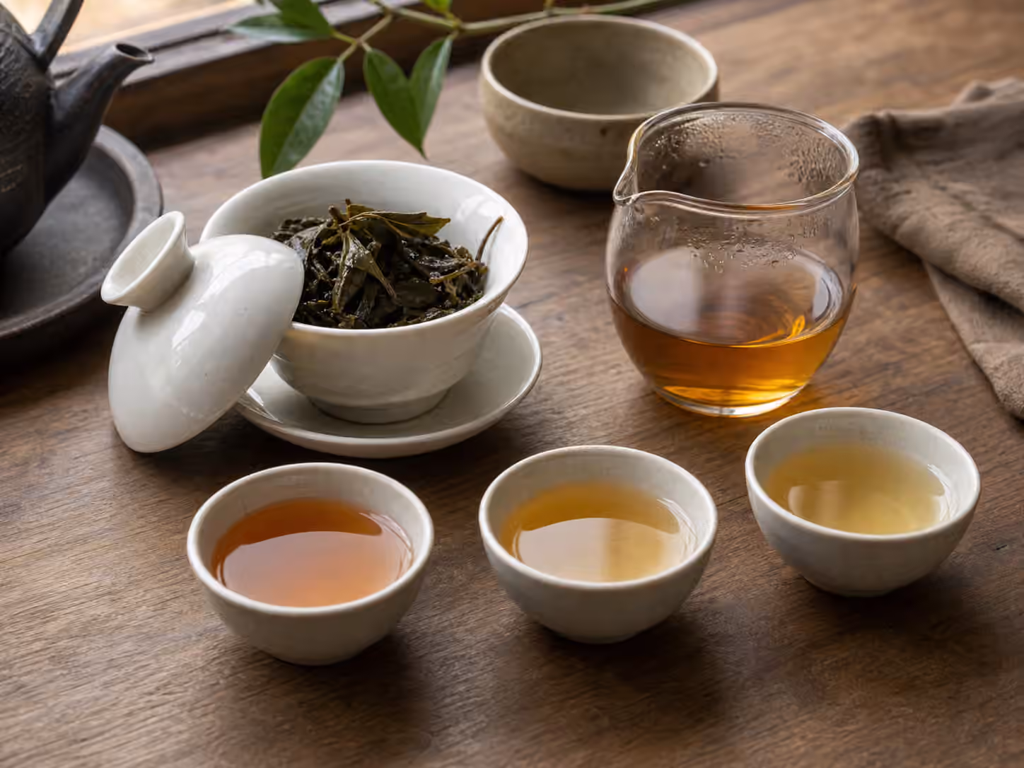 A gaiwan with wet tea leaves beside several small cups showing successive tea infusions.