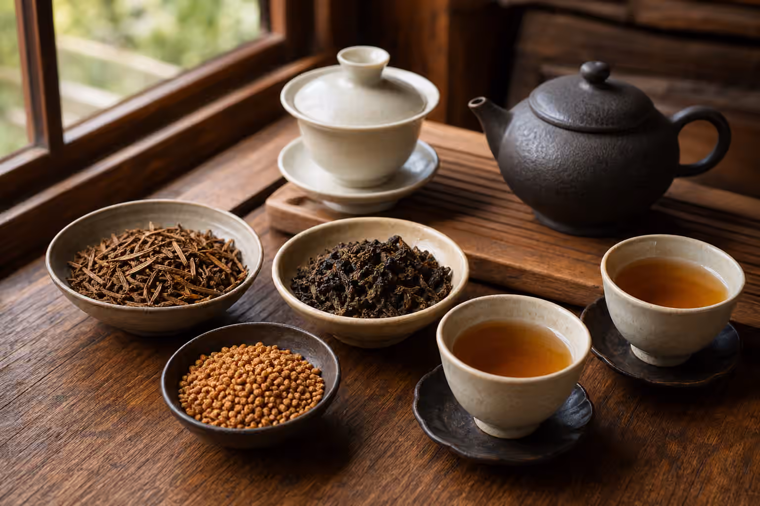 Bowls of roasted tea leaves and toasted rice beside a gaiwan, clay teapot, and amber cups.